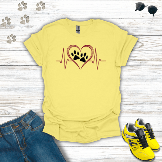 Red Heart Beat Double Paw Prints T-shirt in Cornsilk — warm tone paw print heartbeat design