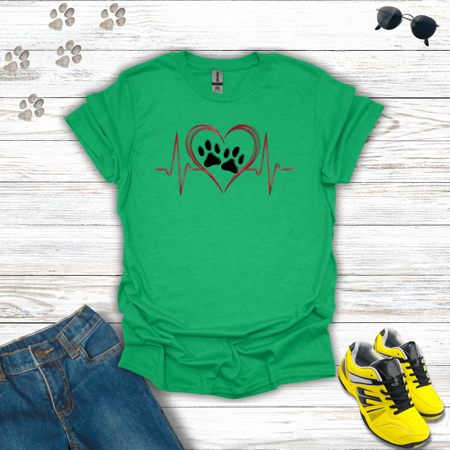 Red Heart Beat Double Paw Prints T-shirt in Heather Irish Green — vibrant heartbeat and paw print graphic