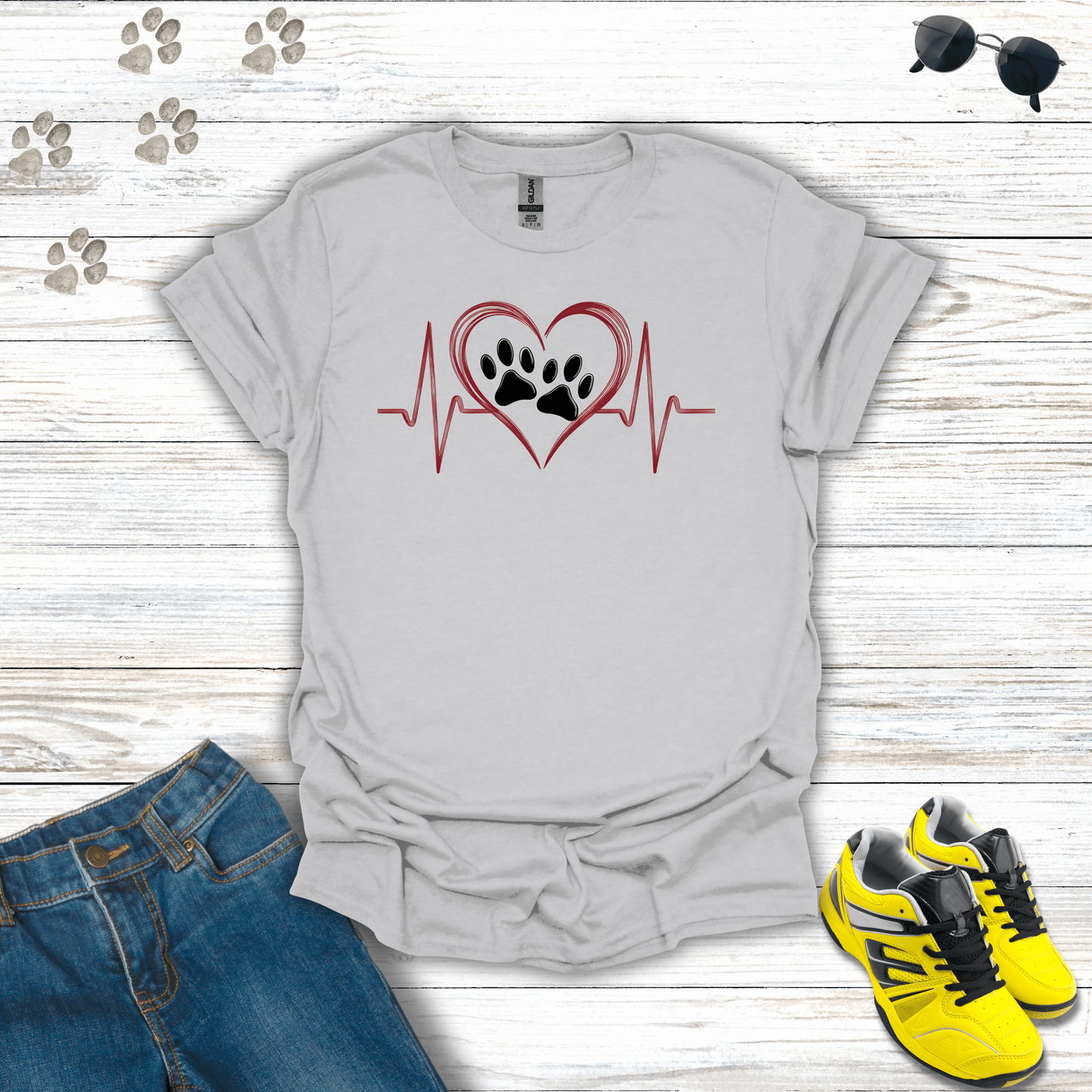 Red Heart Beat Double Paw Prints T-shirt in Ice Grey — subtle double paw heart design