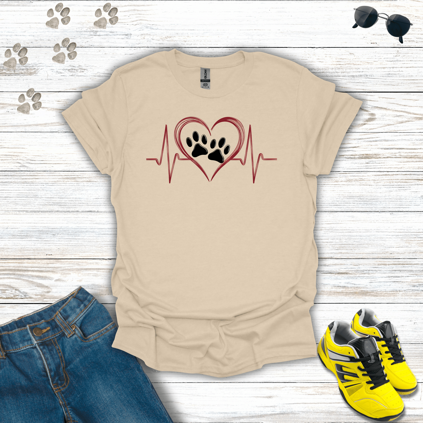 Red Heart Beat Double Paw Prints T-shirt in Sand — heartbeat paw print pet lover shirt