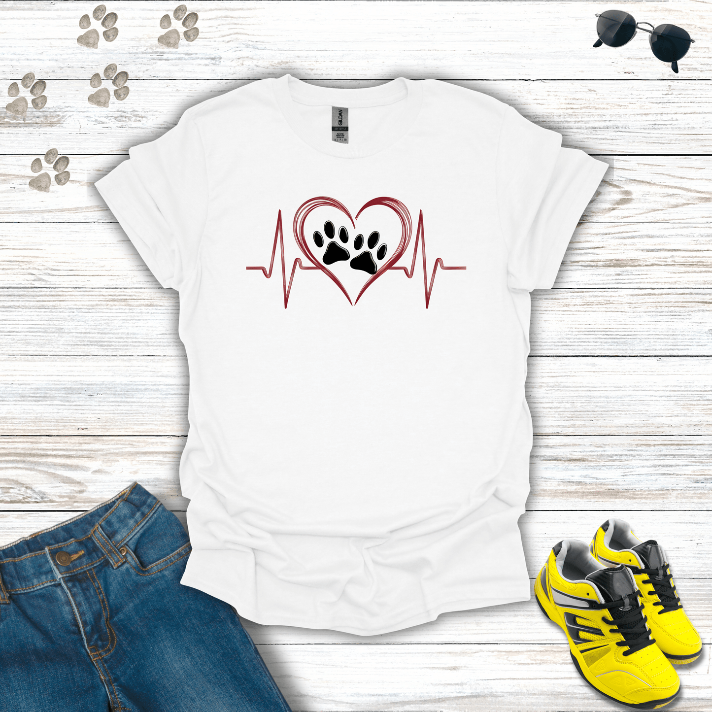 Red Heart Beat Double Paw Prints T-shirt in White — heartbeat design with two paw prints and red heart