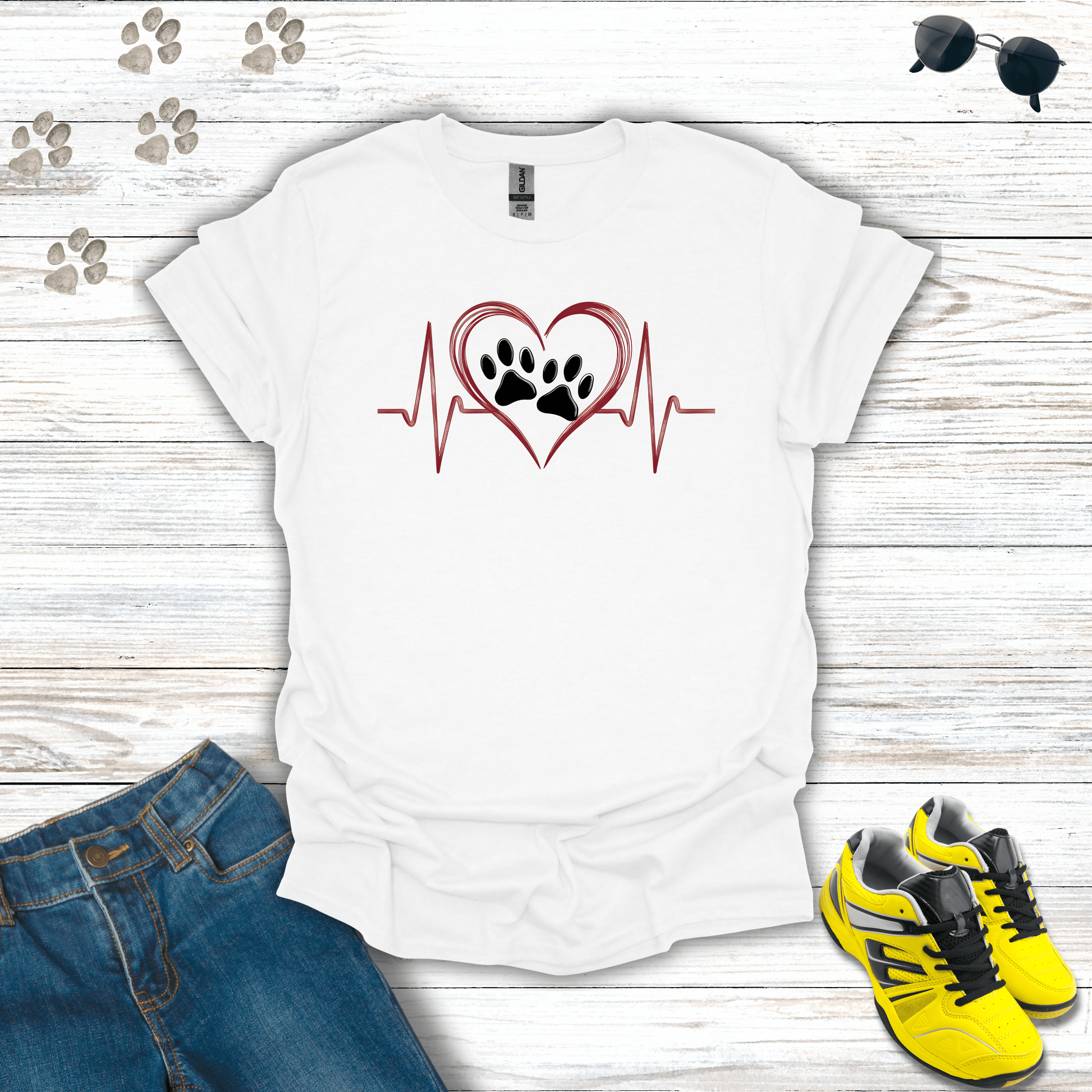 Red Heart Beat Double Paw Prints T-shirt in White — heartbeat design with two paw prints and red heart