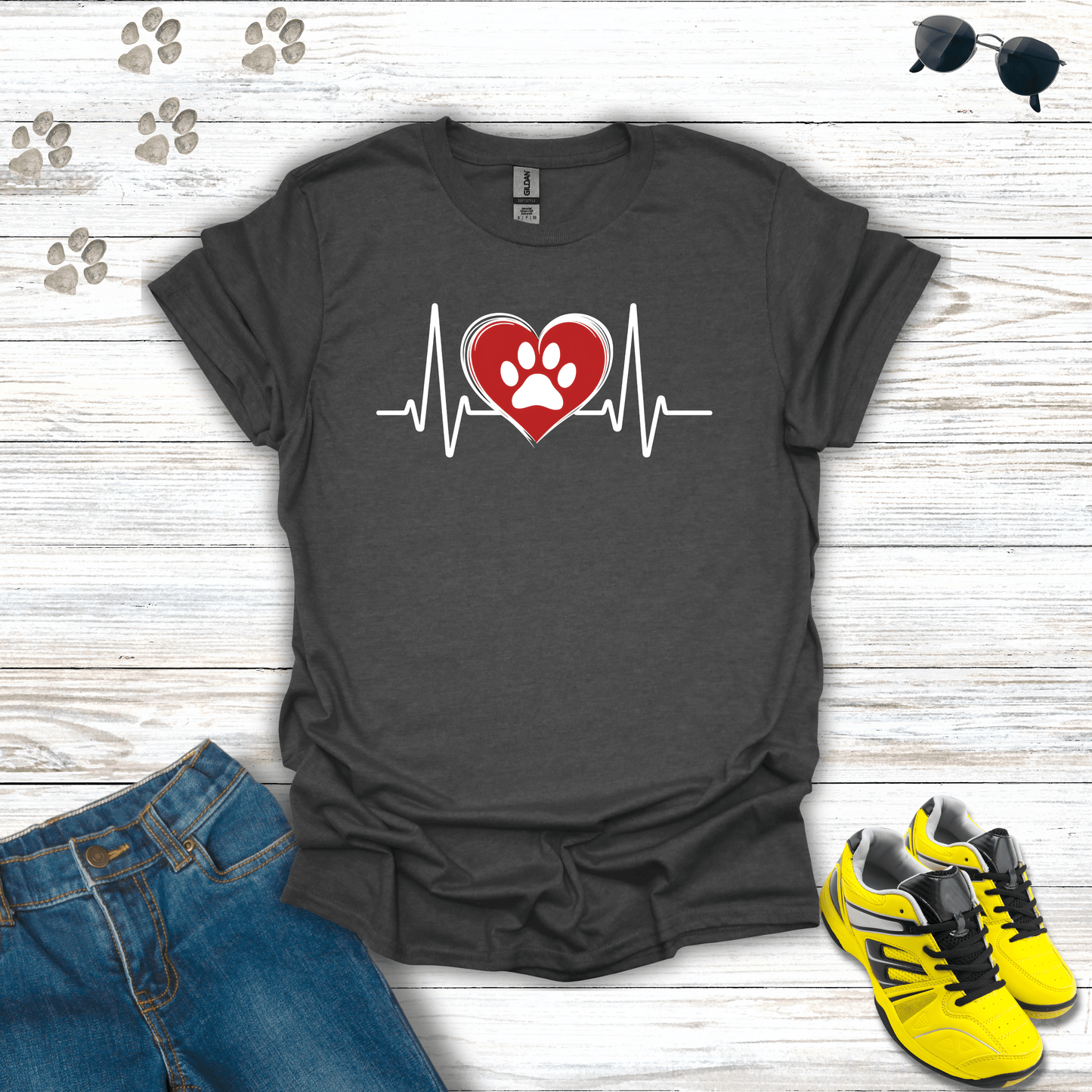 Red Heart White Beat with Single Paw T-shirt in Dark Heather — white heartbeat with red heart and paw print design