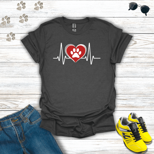 Red Heart White Beat with Single Paw T-shirt in Dark Heather — white heartbeat with red heart and paw print design