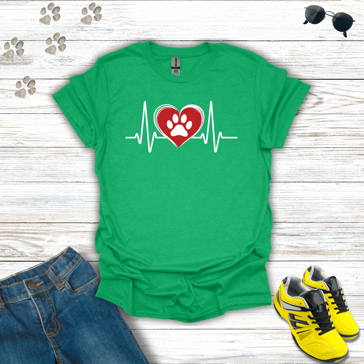 Red Heart White Beat with Single Paw T-shirt in Heather Irish Green — pet heartbeat paw print graphic tee