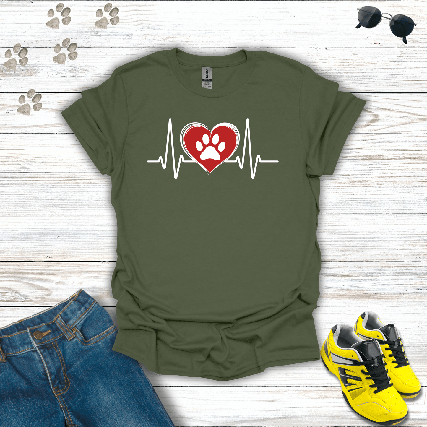 Red Heart White Beat with Single Paw T-shirt in Military Green — subtle heart and paw pet lover tee