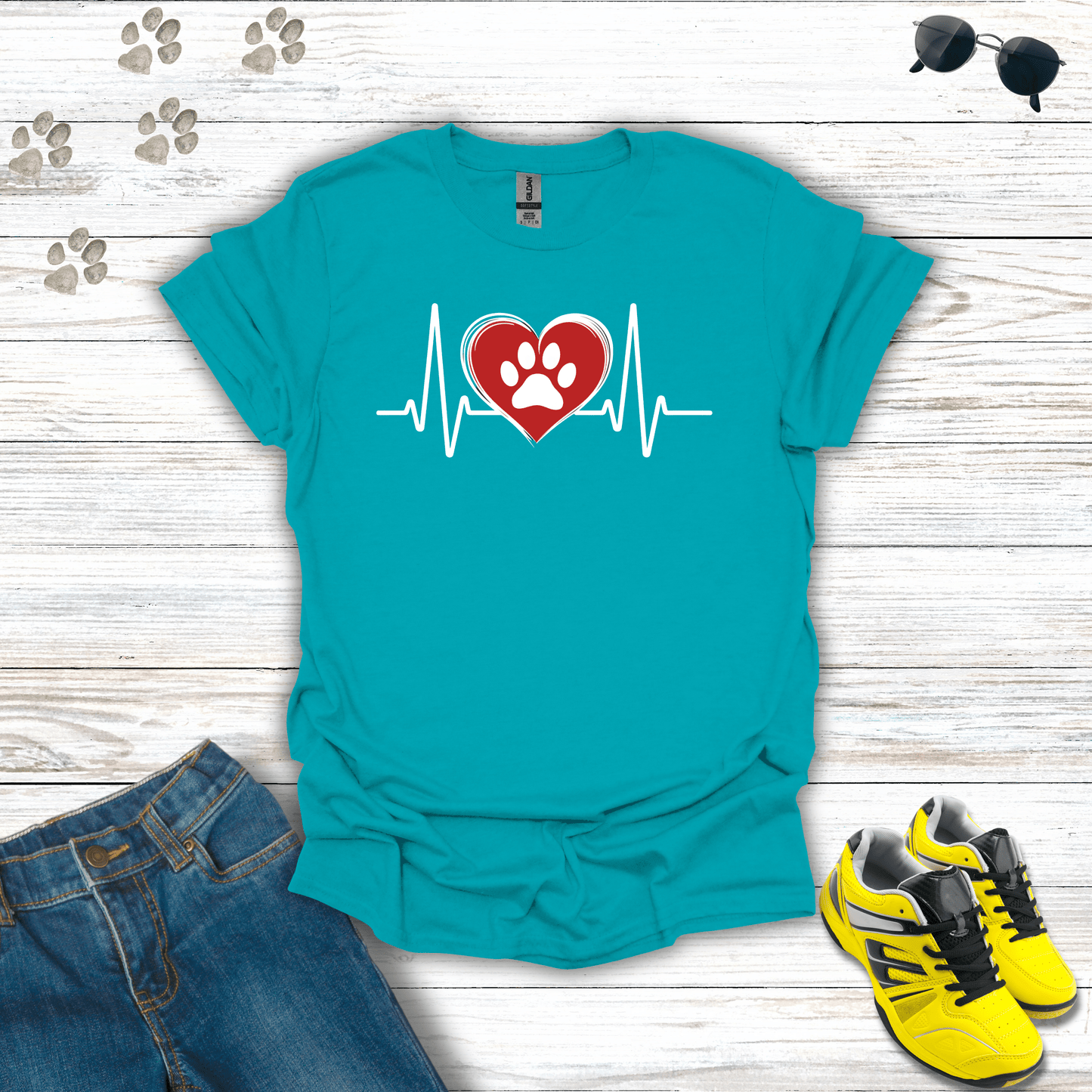 Red Heart White Beat with Single Paw T-shirt in Tropical Blue — heartbeat paw print design