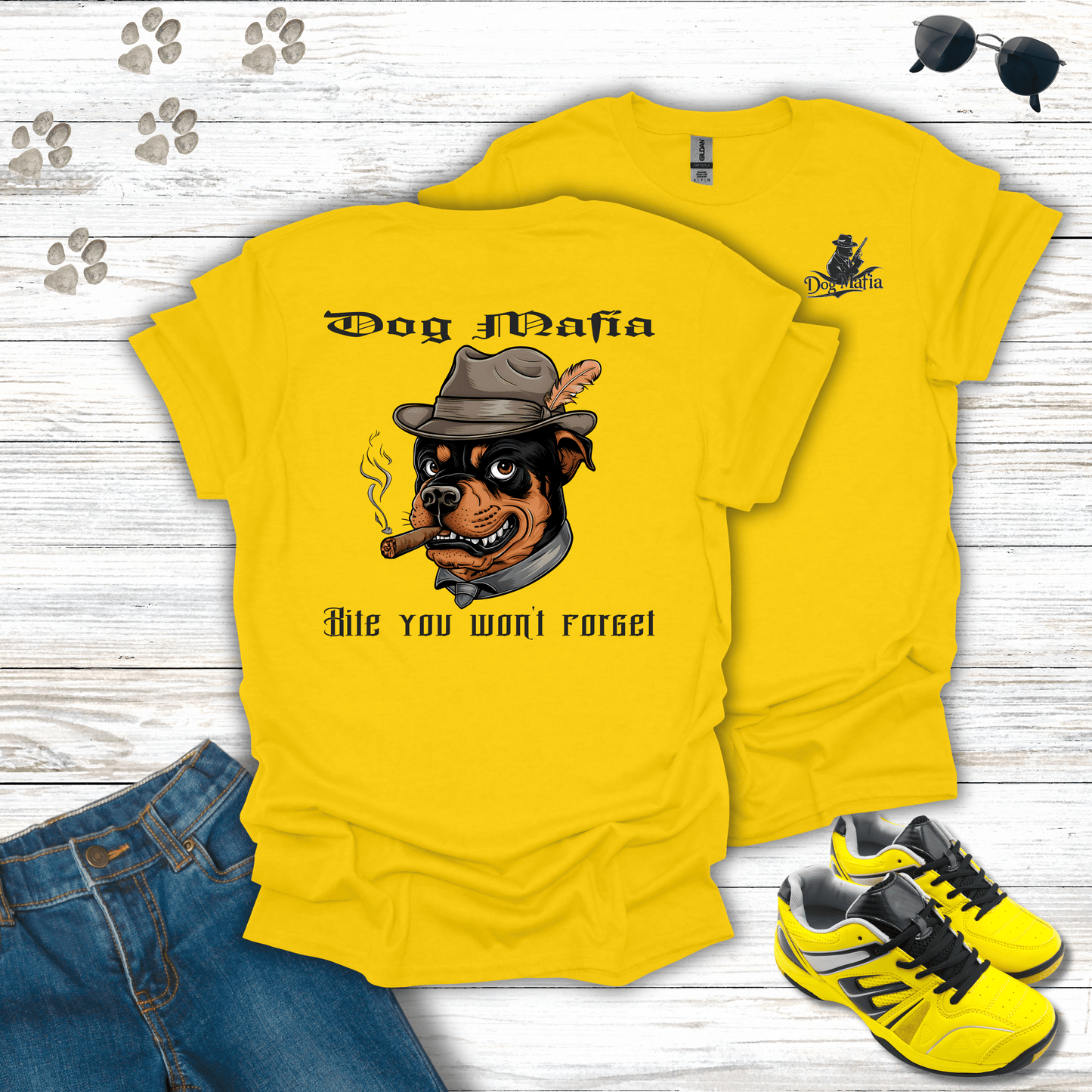 Rottweiler Dog Mafia T-shirt in Daisy — loyal and tough Rottweiler mafia shirt