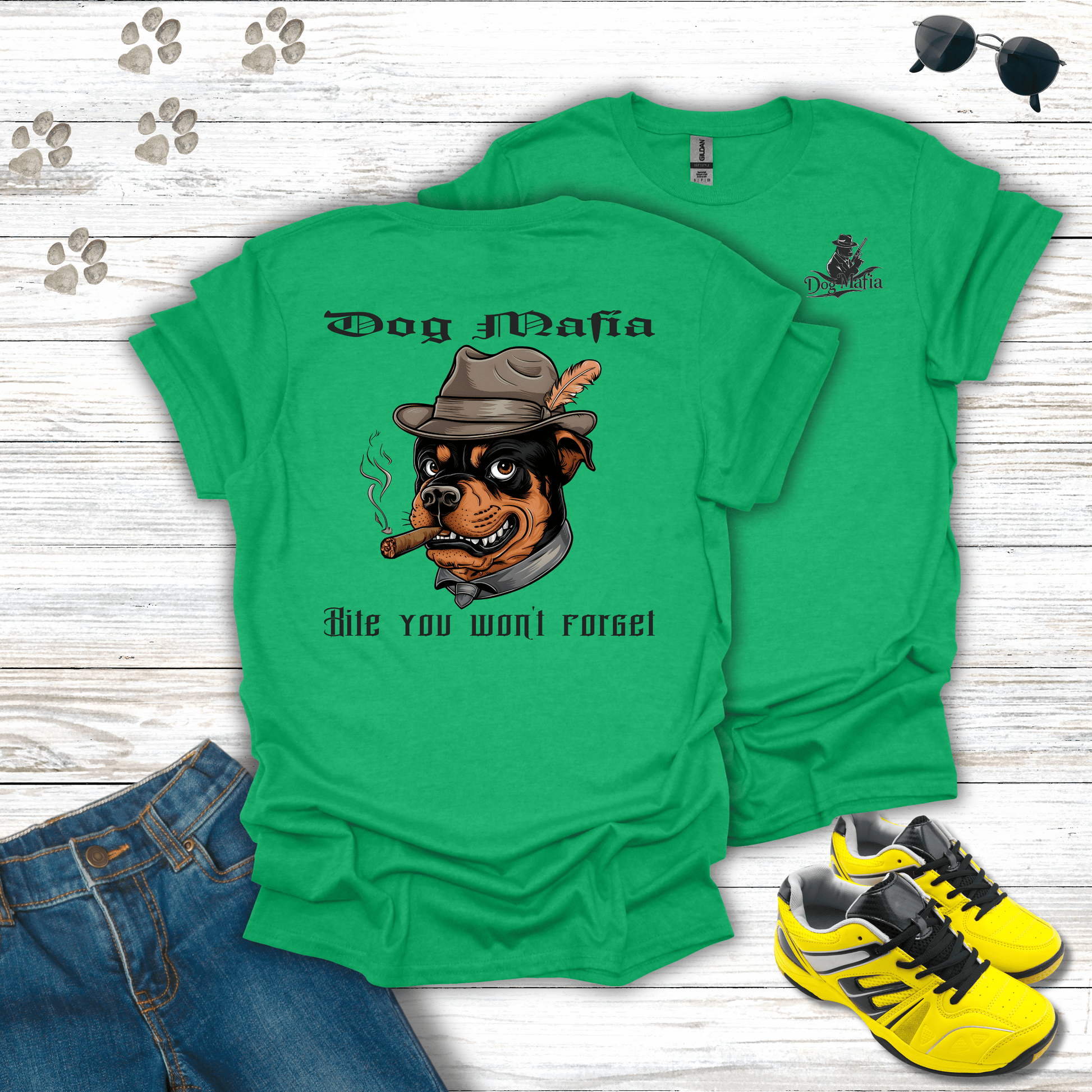 Rottweiler Dog Mafia T-shirt in Heather Irish Green — Rottweiler in fedora and cigar design