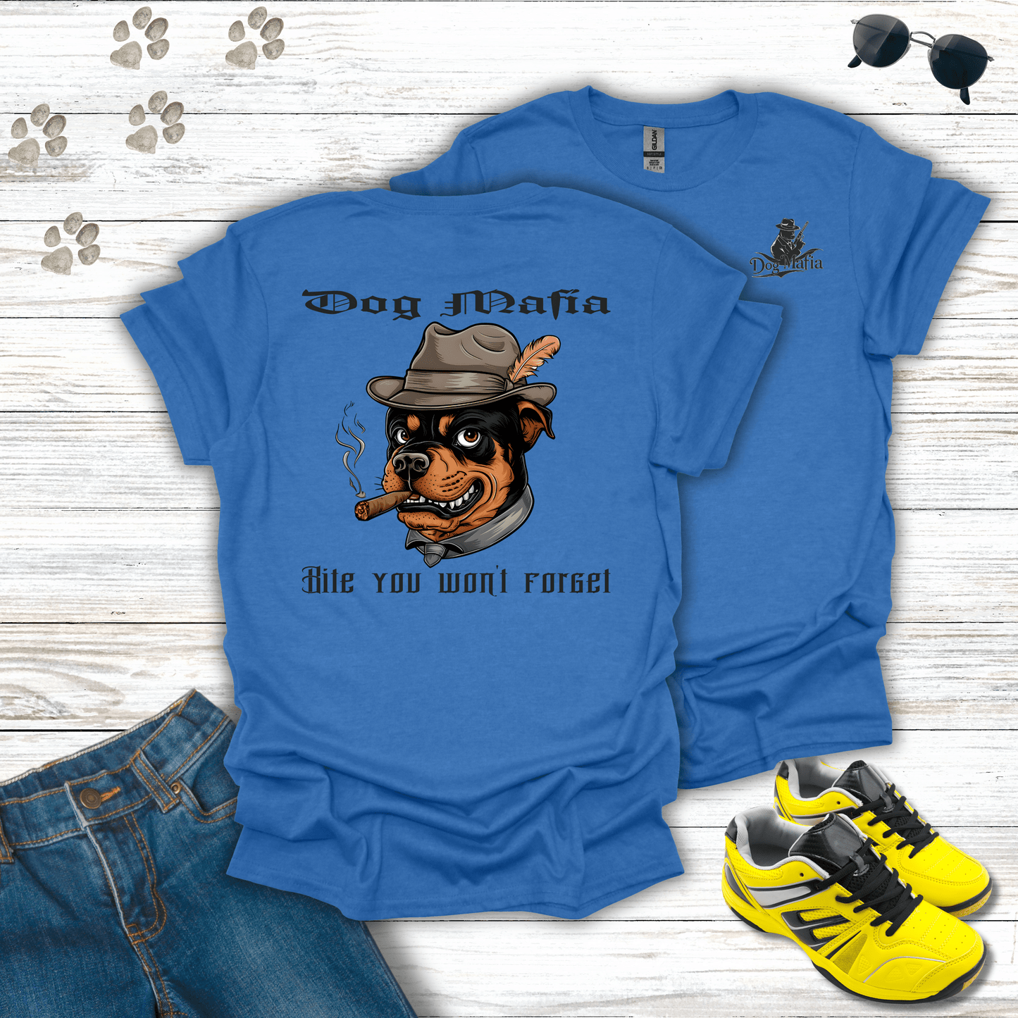 Rottweiler Dog Mafia T-shirt in Heather Royal — funny Rottweiler mafia tee