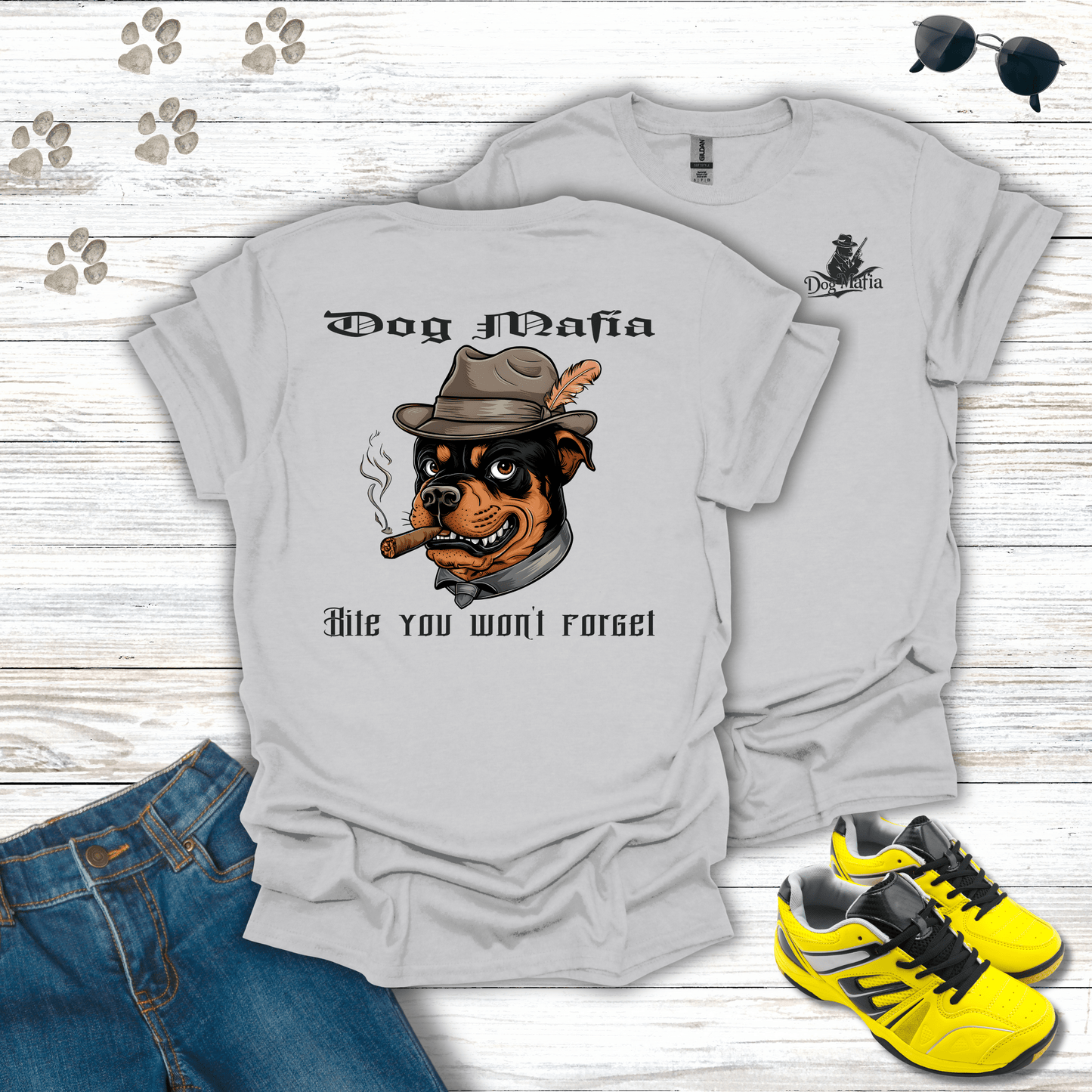 Rottweiler Dog Mafia T-shirt in Ice Grey — bold Rottweiler mob boss shirt