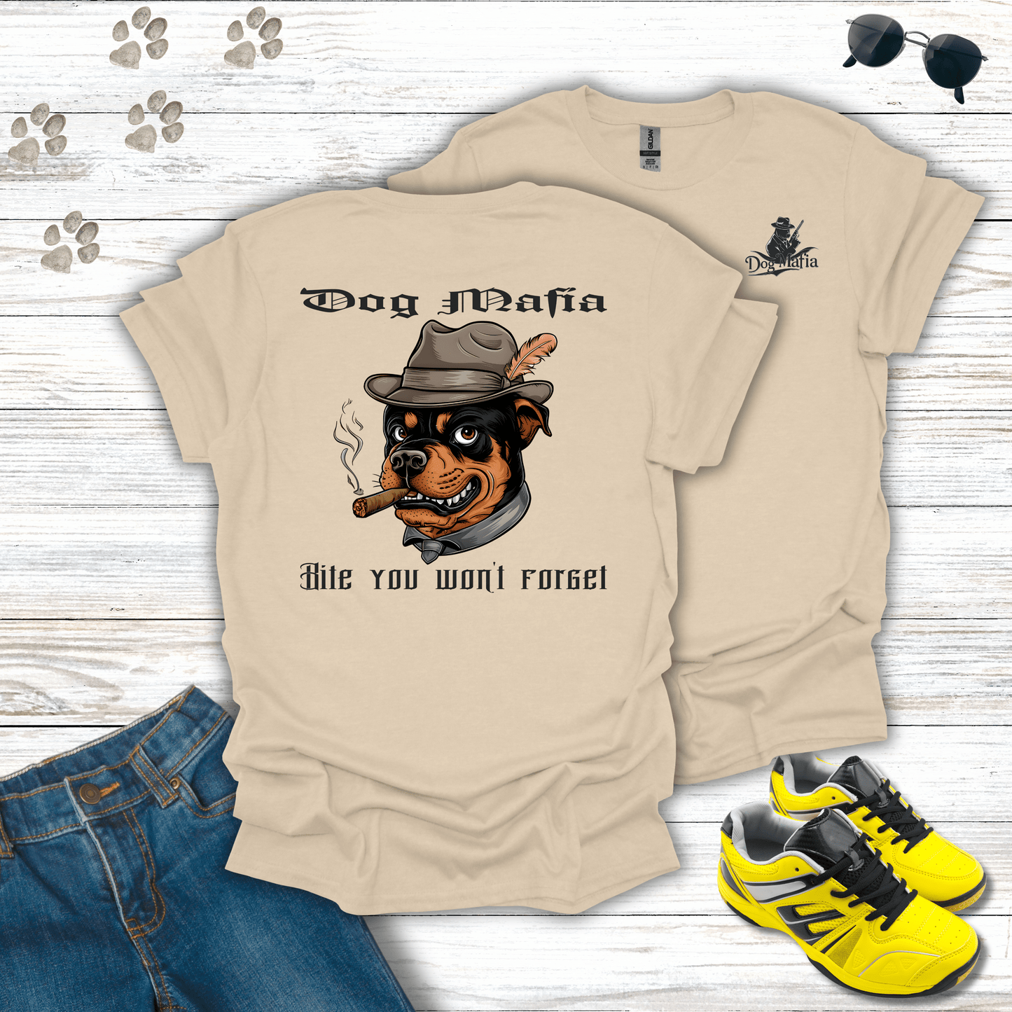 Rottweiler Dog Mafia T-shirt in Sand — funny Rottweiler mobster design