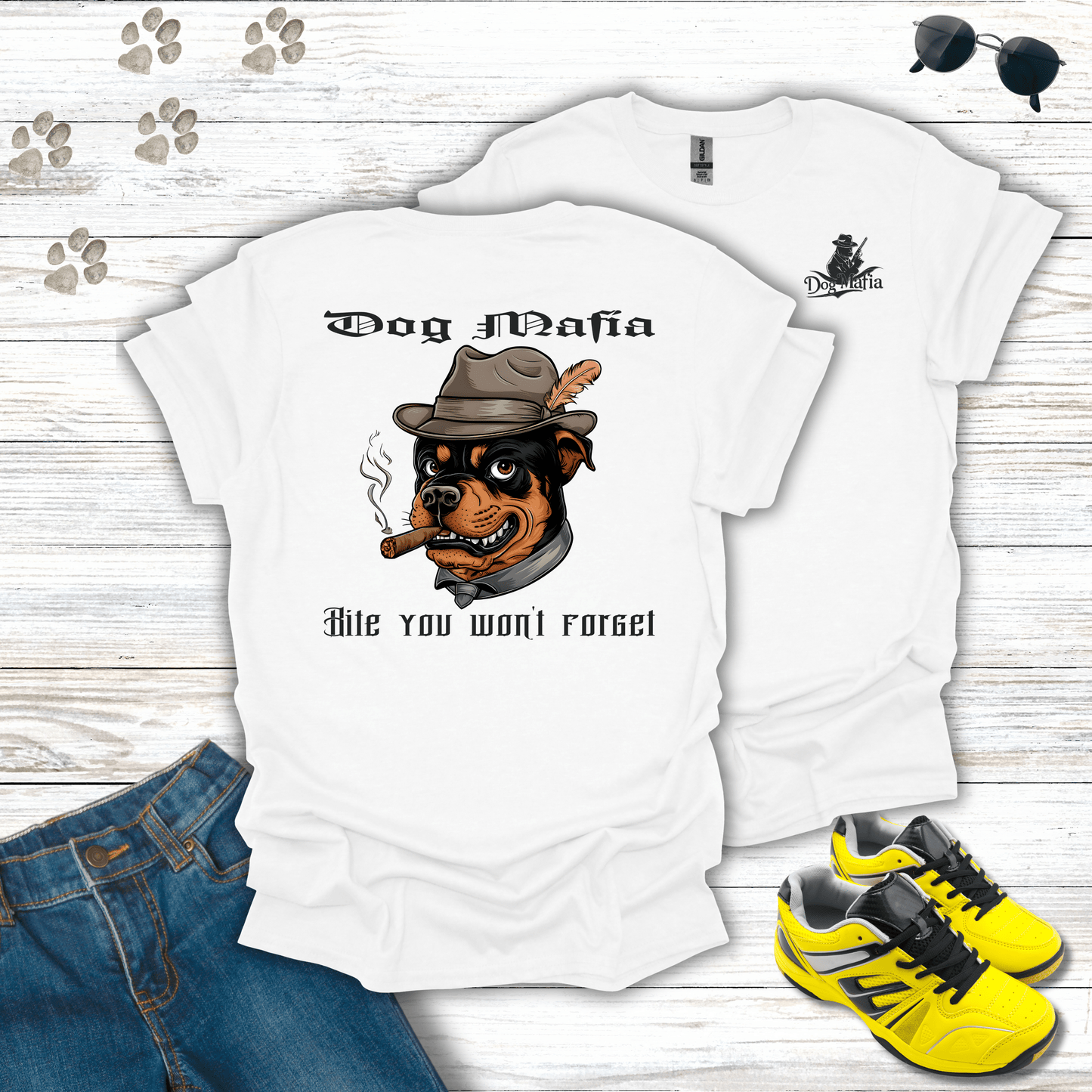 RRottweiler Dog Mafia T-shirt in White — humorous Rottweiler Dog Mafia tee
