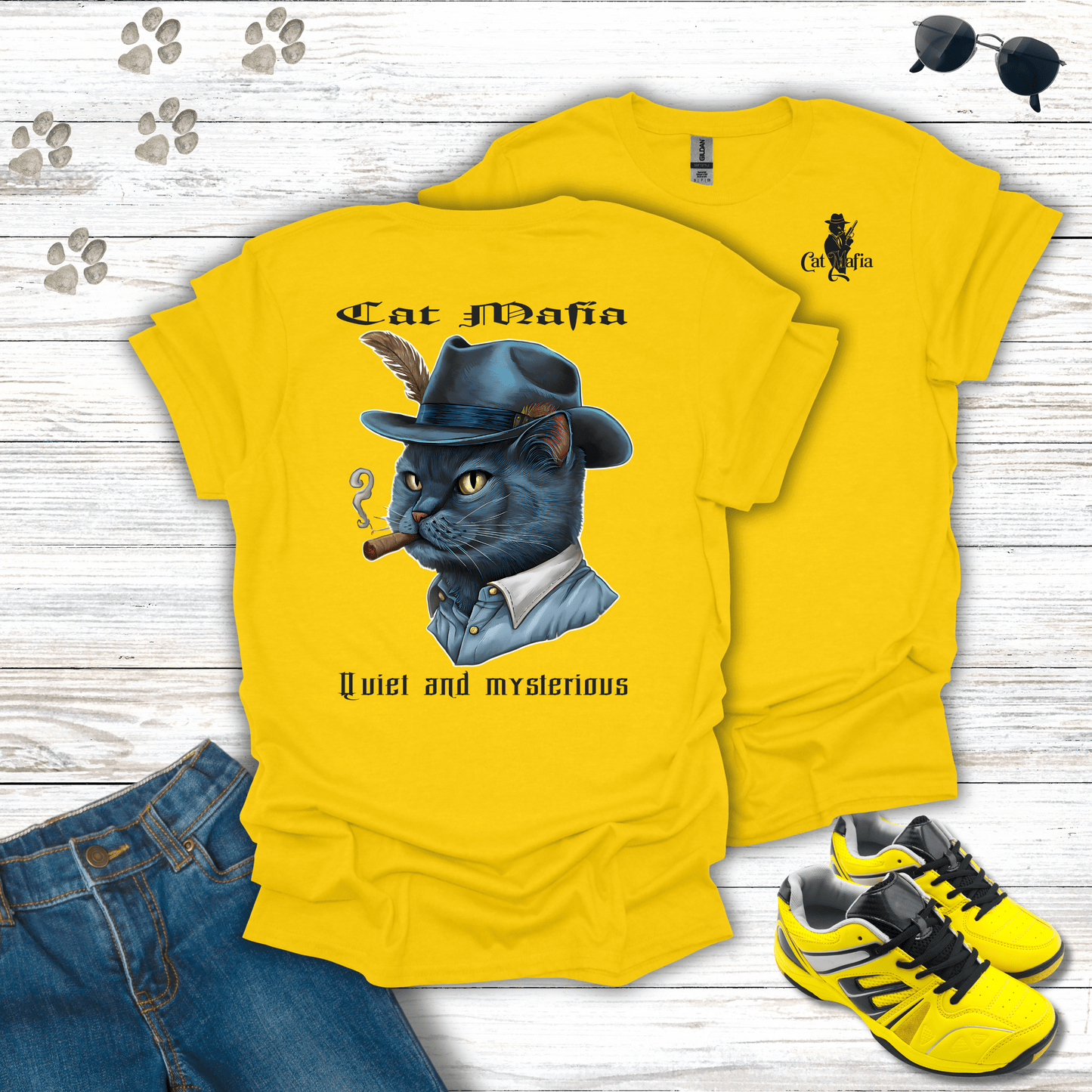 Russian Blue Cat Mafia T-shirt in Daisy — playful mafia cat graphic tee