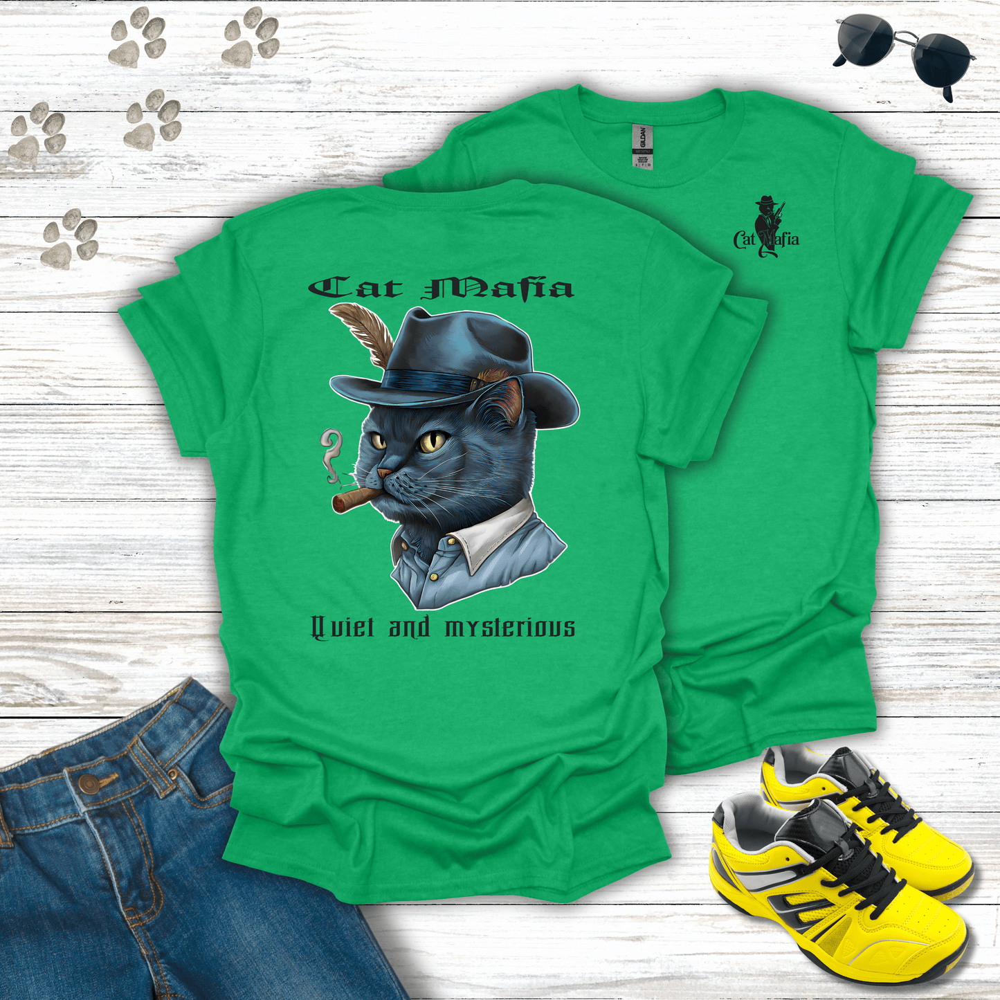 Russian Blue Cat Mafia T-shirt in Heather Irish Green — modern Russian Blue mob cat design