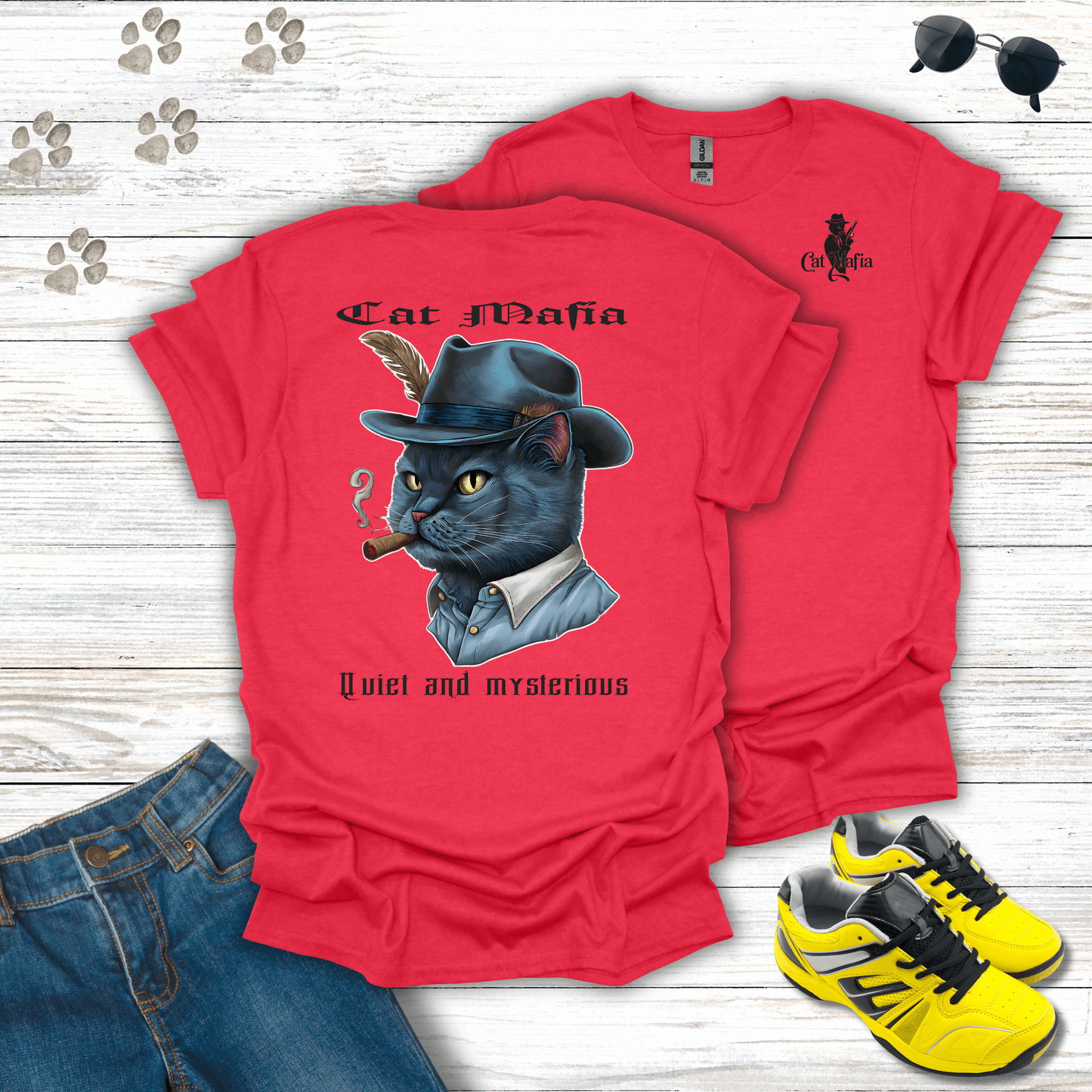 Russian Blue Cat Mafia T-shirt in Heather Red — bold and confident Russian Blue cat mafia tee