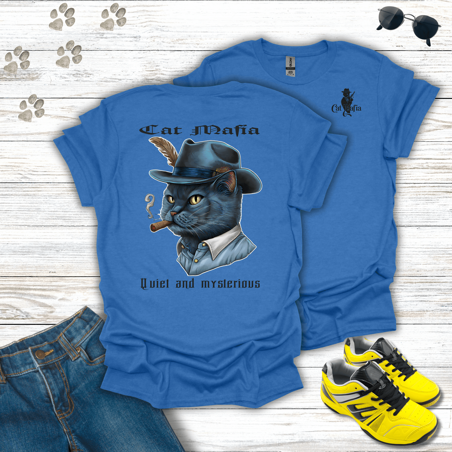 Russian Blue Cat Mafia T-shirt in Heather Royal — classy Russian Blue mafia cat shirt