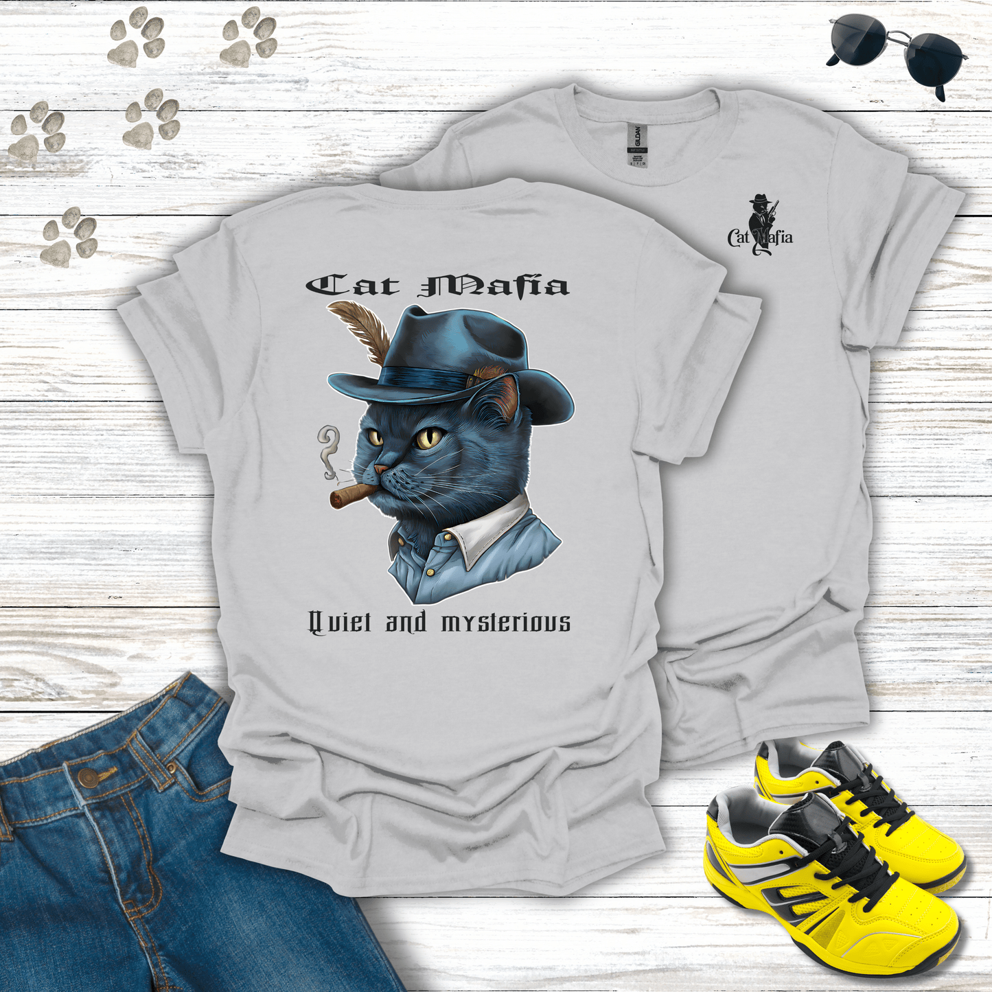 Russian Blue Cat Mafia T-shirt in Ice Grey — sleek Russian Blue mafia tee