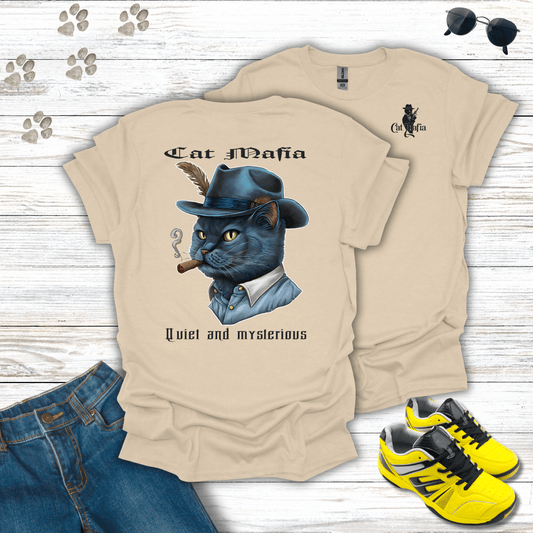 Russian Blue Cat Mafia T-shirt in Sand — stylish mafia Russian Blue cat shirt