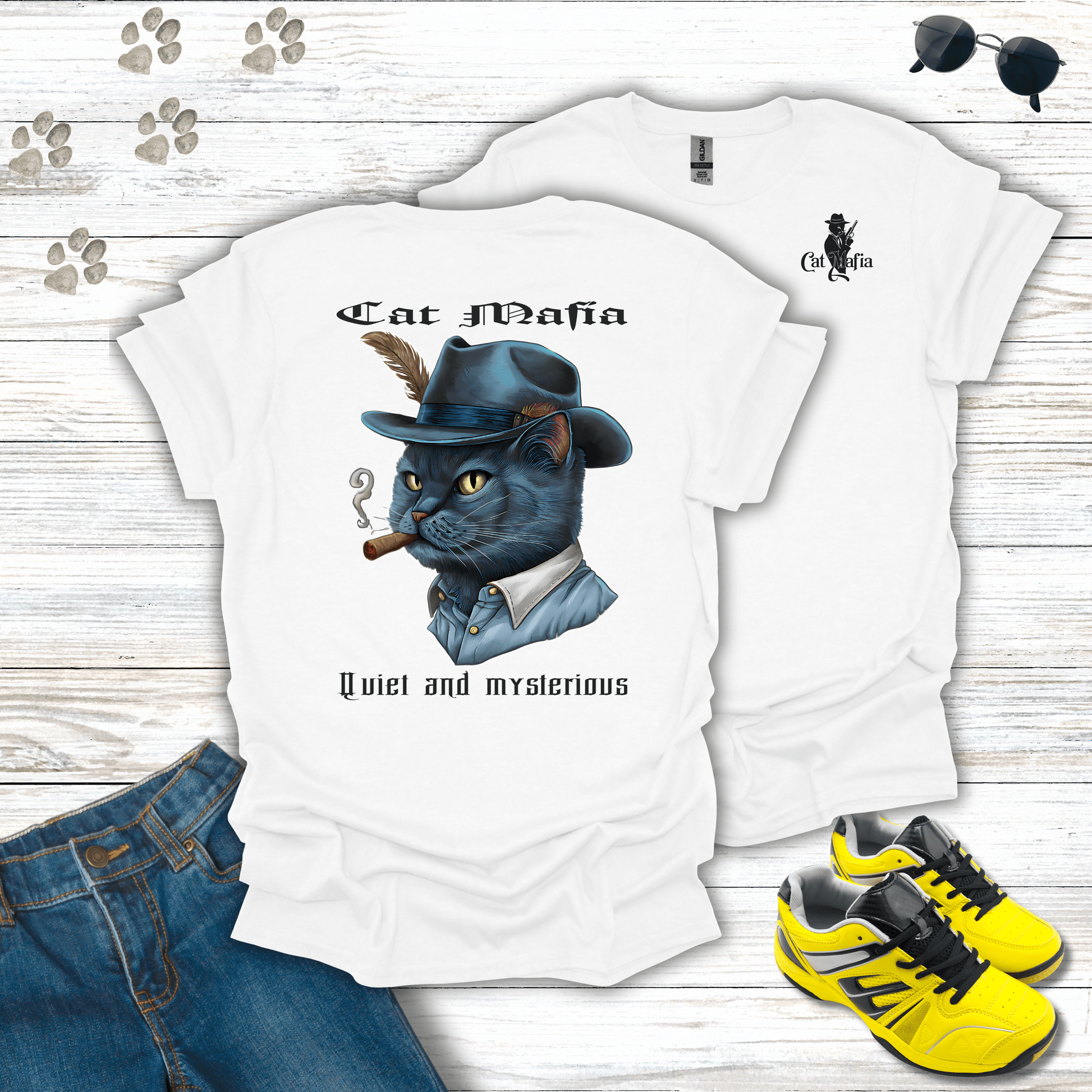 Russian Blue Cat Mafia T-shirt in White — mysterious Russian Blue cat in fedora and cigar design