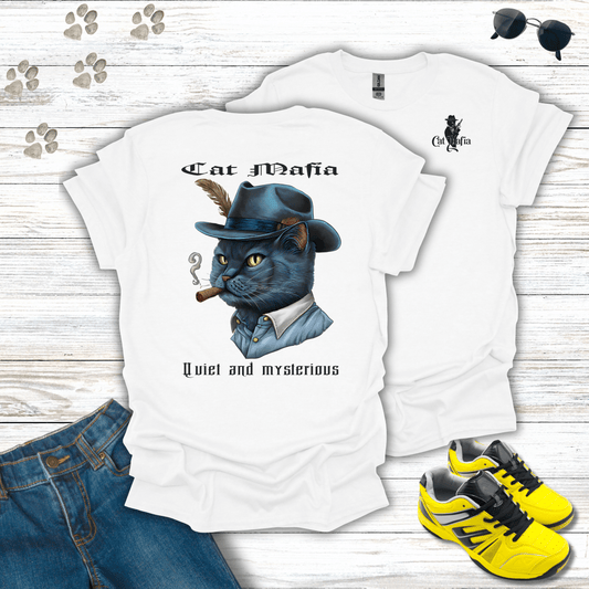 Russian Blue Cat Mafia T-shirt in White — mysterious Russian Blue cat in fedora and cigar design