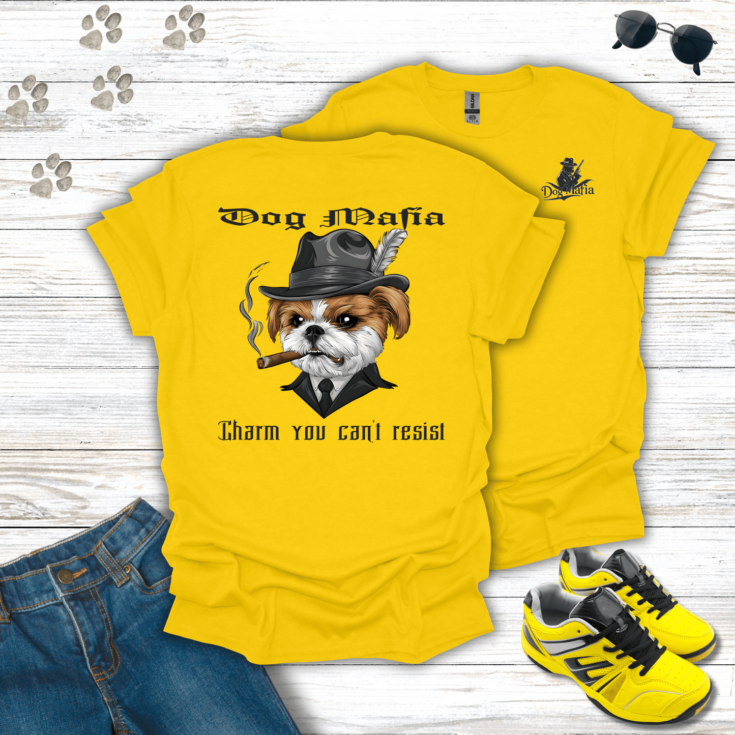 Shih Tzu Dog Mafia T-shirt in Daisy — adorable Shih Tzu Dog Mafia design