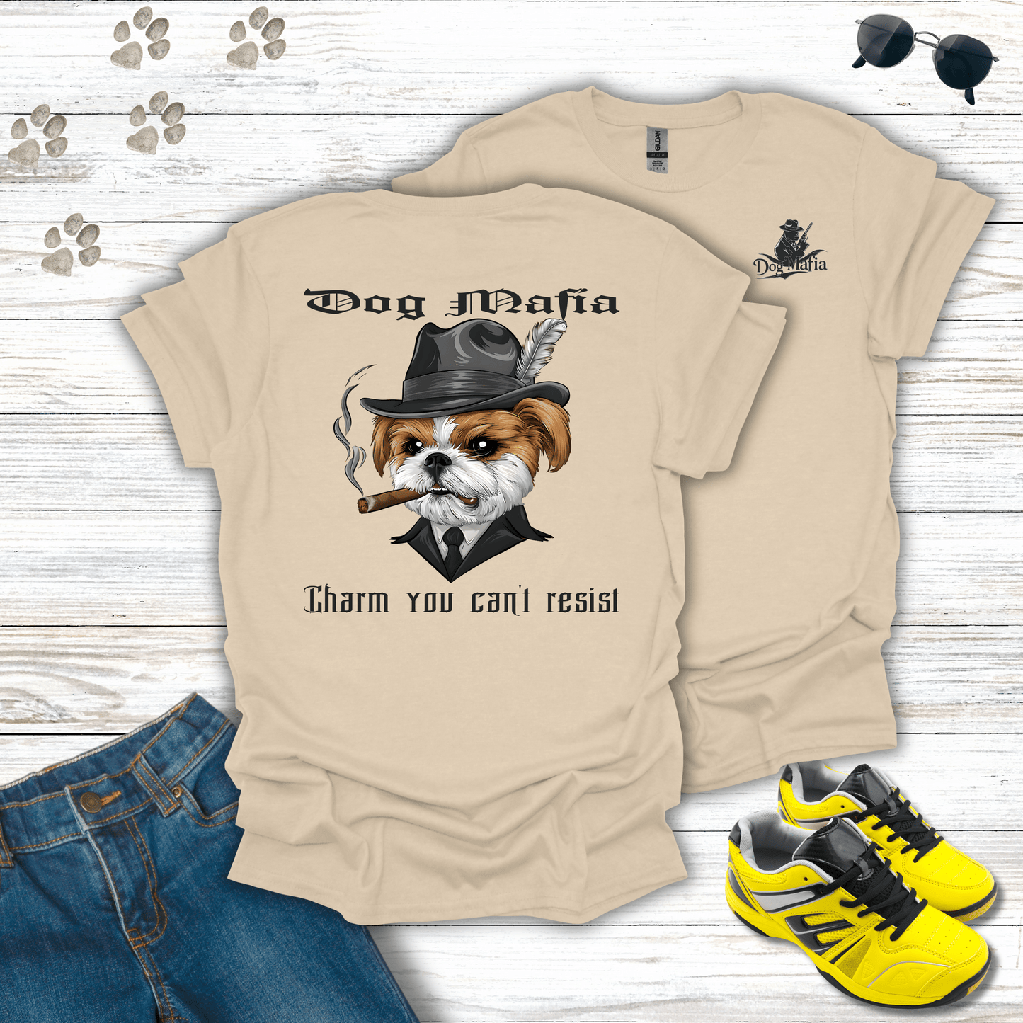 Shih Tzu Dog Mafia T-shirt in Sand — humorous Shih Tzu Dog Mafia tee