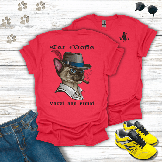 Siamese Cat Mafia T-shirt in Heather Red — bold mafia Siamese cat shirt