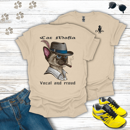 Siamese Cat Mafia T-shirt in Sand — sophisticated Siamese cat in fedora and cigar design