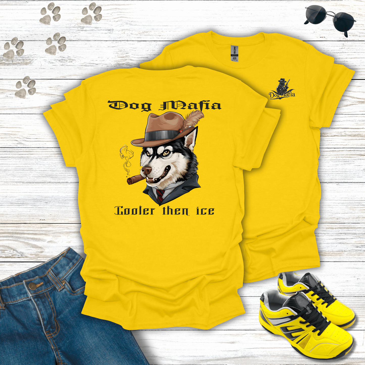 Siberian Husky Dog Mafia T-shirt in Daisy — playful Husky mafia design
