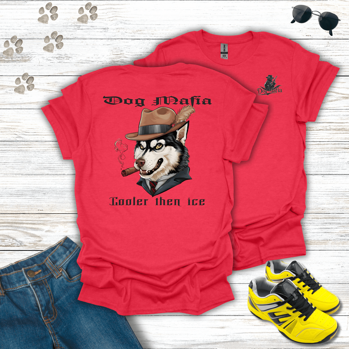 Siberian Husky Dog Mafia T-shirt in Heather Red — humorous Siberian Husky mafia shirt