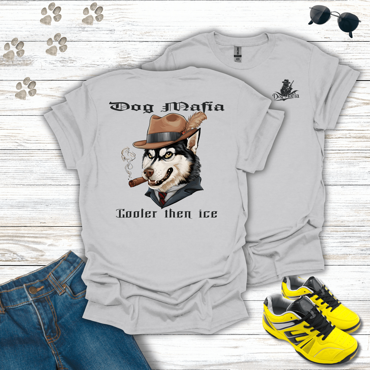 Siberian Husky Dog Mafia T-shirt in Ice Grey — Husky in fedora and cigar design