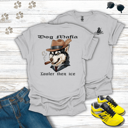 Siberian Husky Dog Mafia T-shirt in Ice Grey — Husky in fedora and cigar design