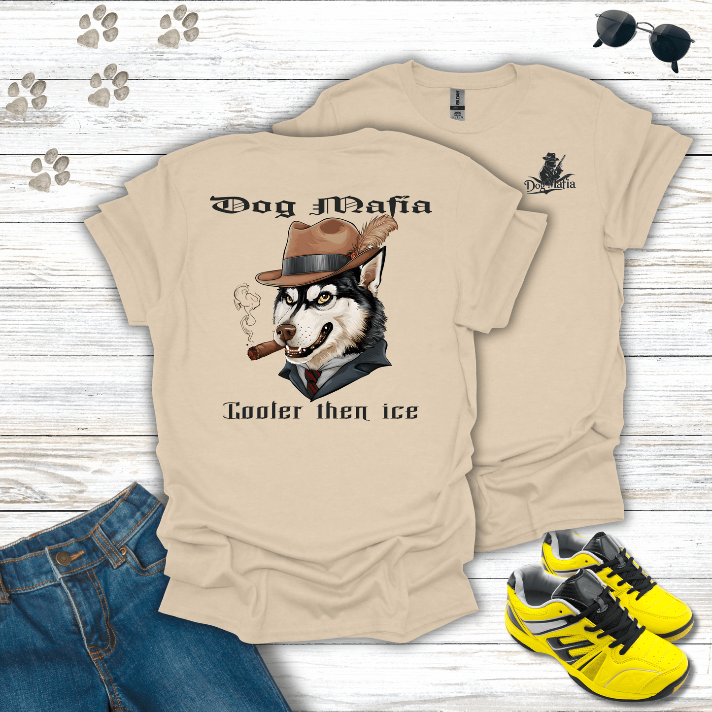Siberian Husky Dog Mafia T-shirt in Sand — cool Husky mob boss shirt
