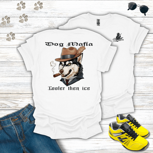 Siberian Husky Dog Mafia T-shirt in White — funny Husky mafia tee