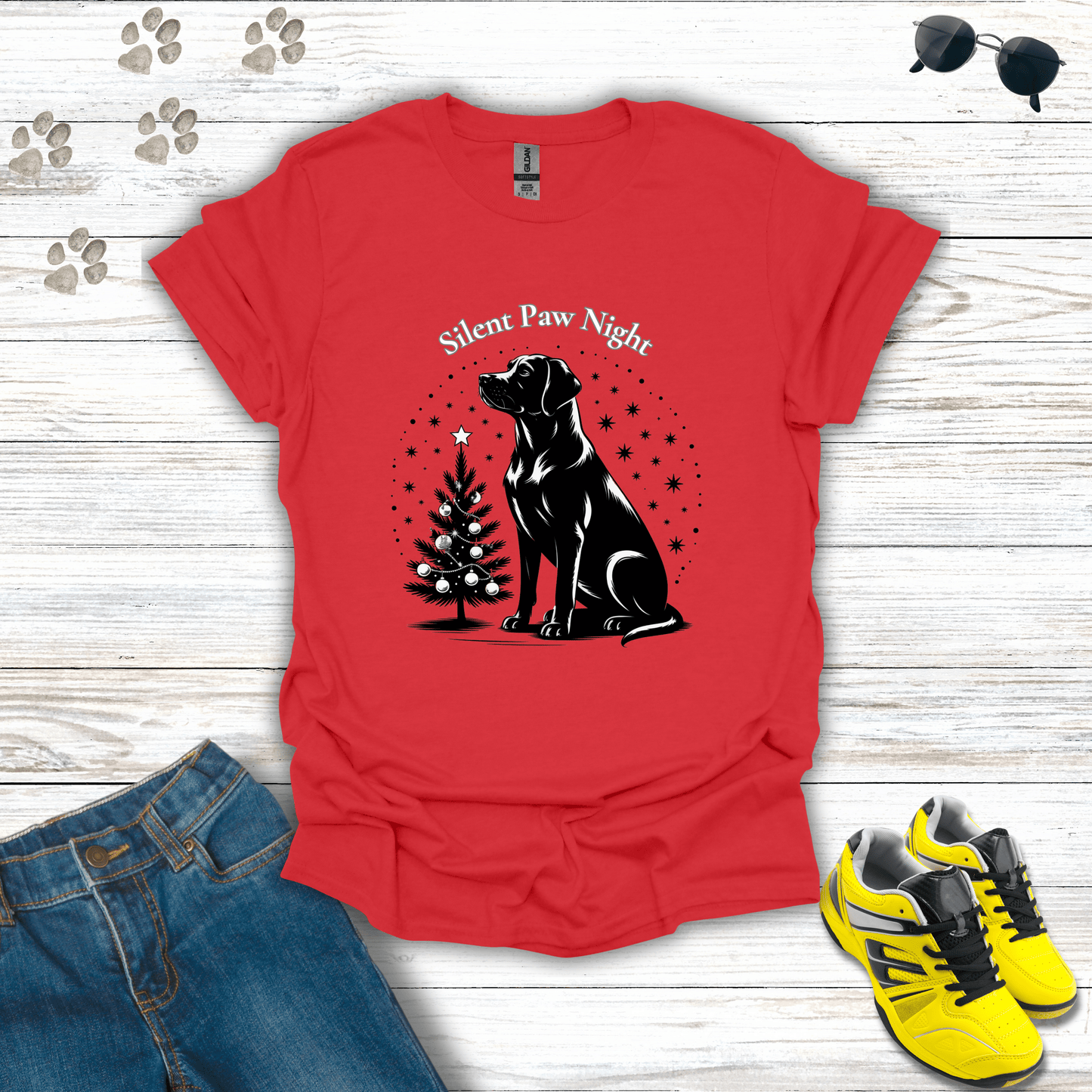 Silent Paw Night Labrador T-Shirt Red / S unisex graphic t-shirt