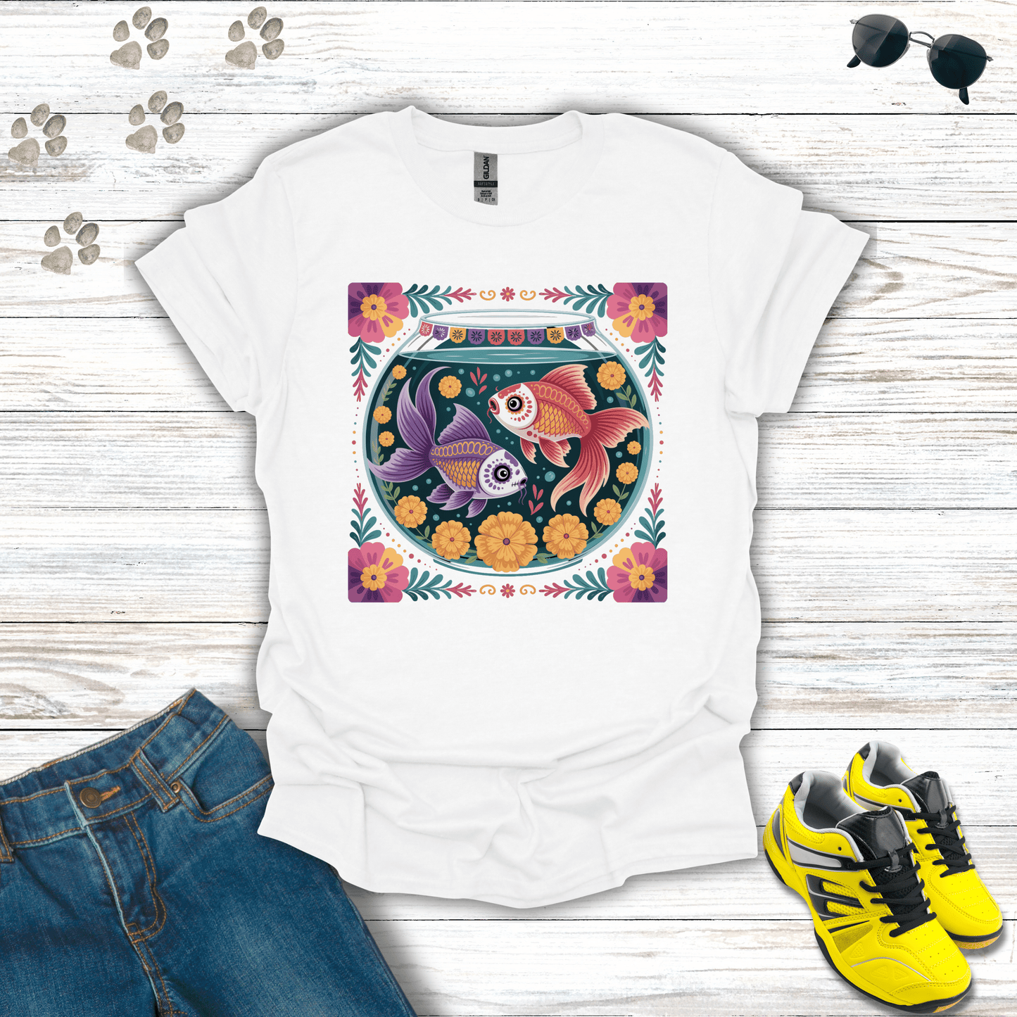 Skeleton Fish Bowl Sugar Skull T-Shirt White / S unisex graphic t-shirt