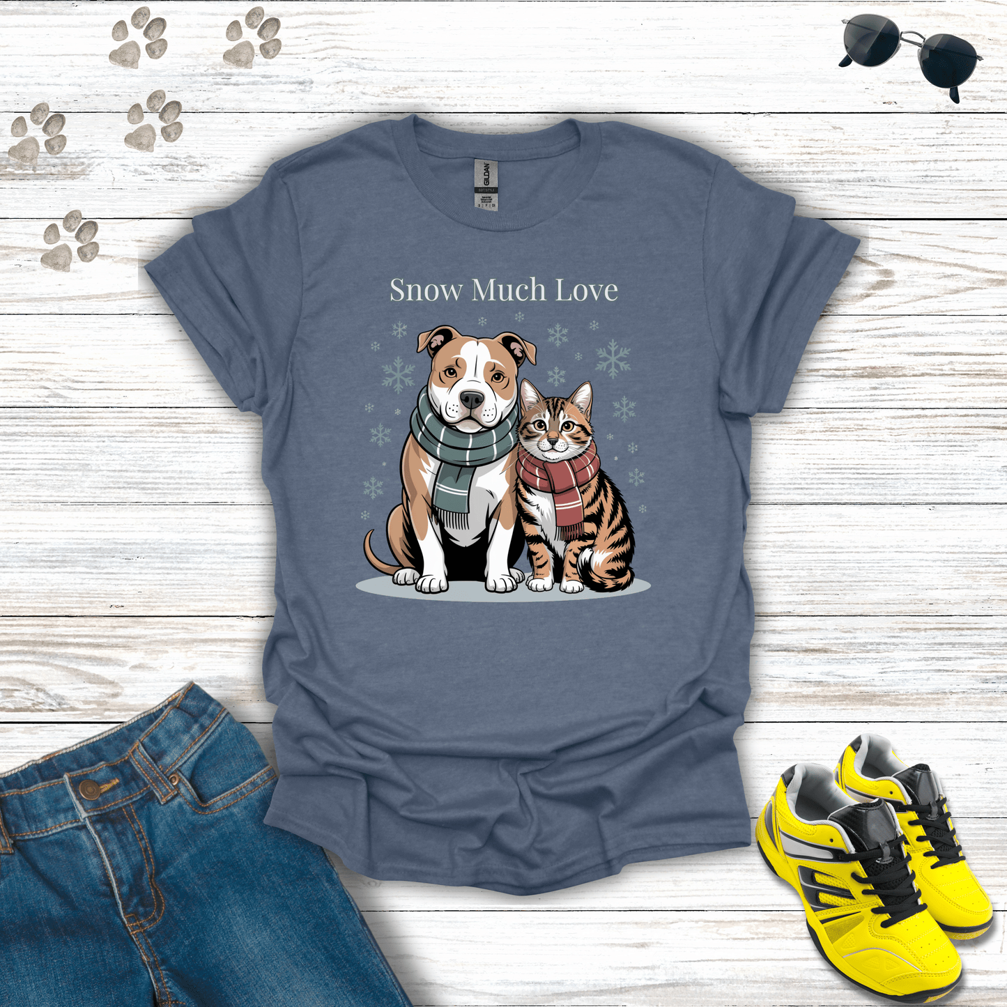 Snow Much Love Pitbull & Cat T-Shirt Heather Indigo / S unisex graphic t-shirt