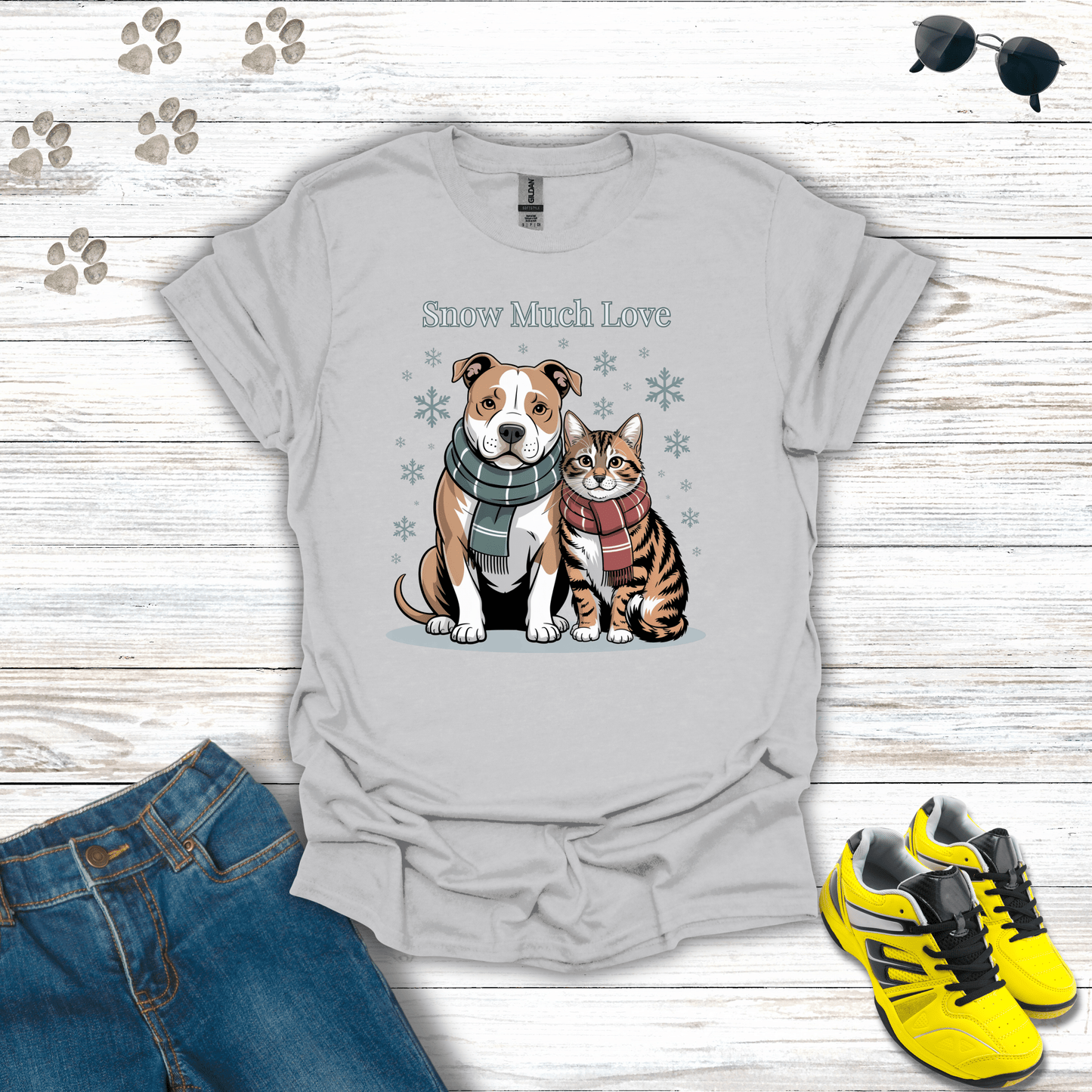 Snow Much Love Pitbull & Cat T-Shirt Ice Grey / S unisex graphic t-shirt