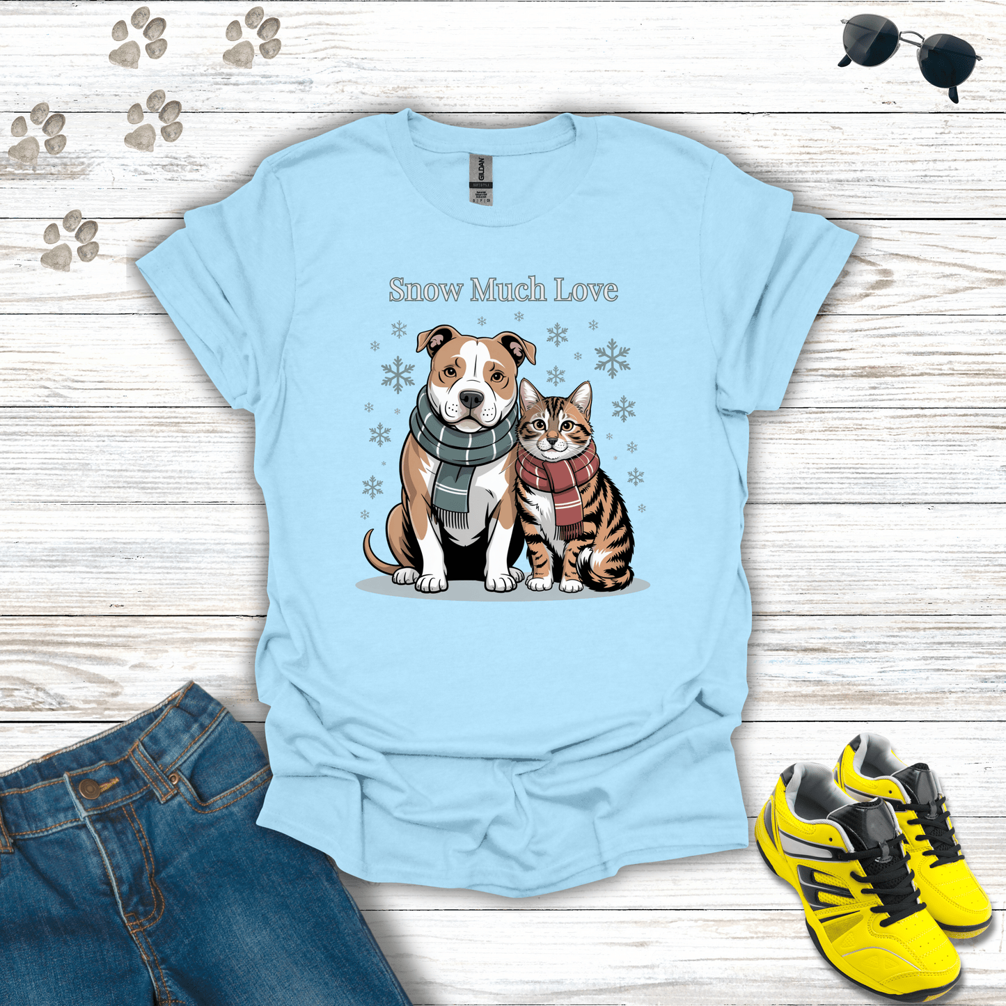 Snow Much Love Pitbull & Cat T-Shirt Light Blue / S unisex graphic t-shirt