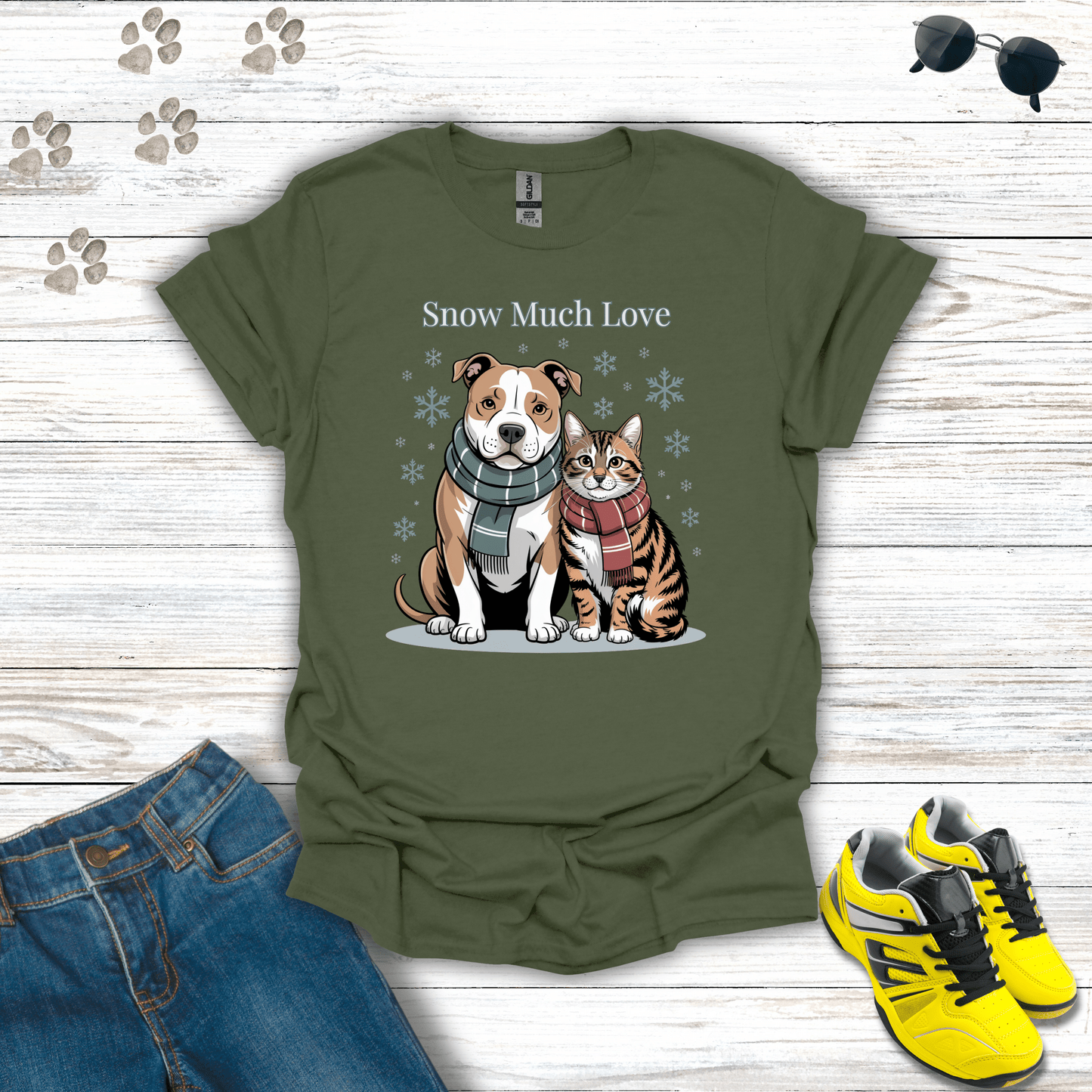 Snow Much Love Pitbull & Cat T-Shirt Military Green / S unisex graphic t-shirt