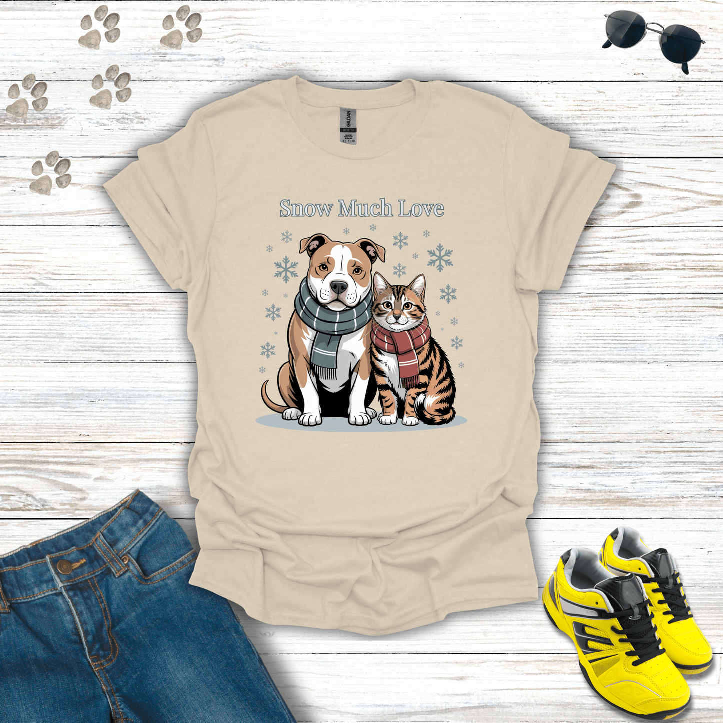 Snow Much Love Pitbull & Cat T-Shirt Natural / S unisex graphic t-shirt