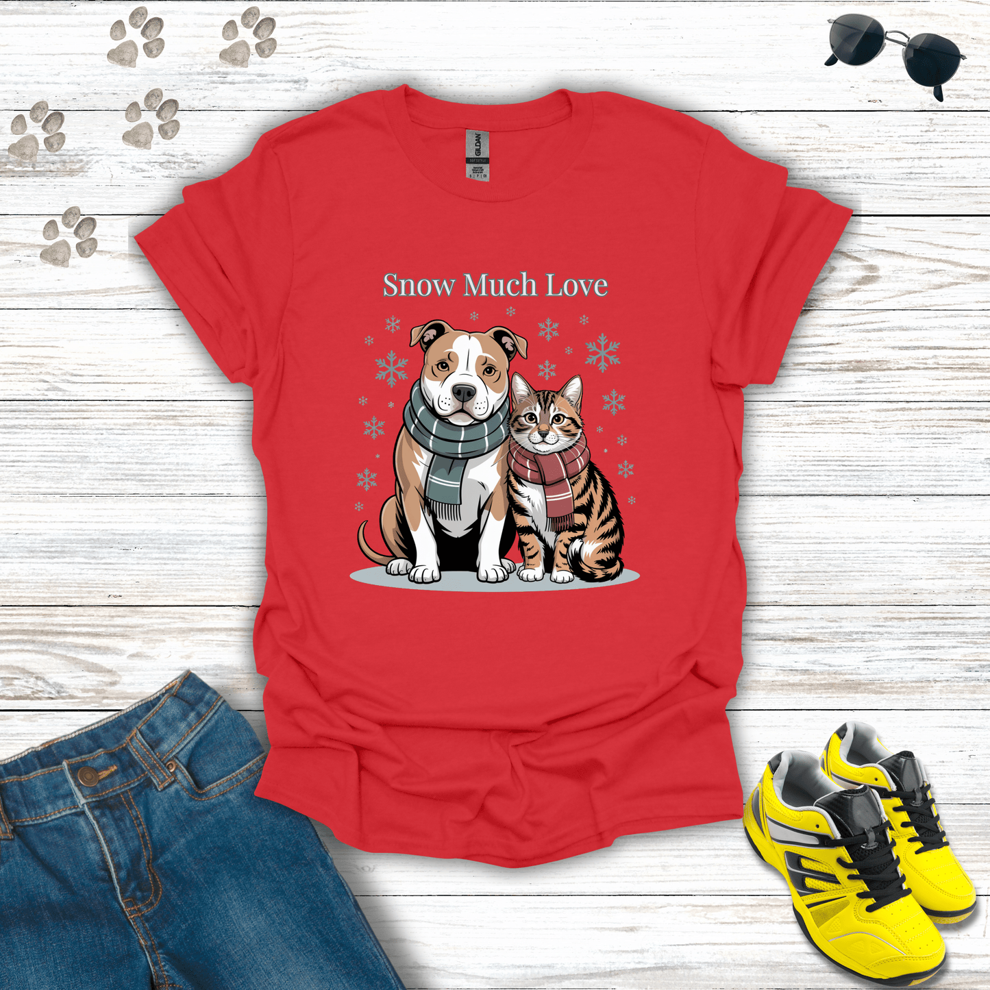 Snow Much Love Pitbull & Cat T-Shirt Red / S unisex graphic t-shirt
