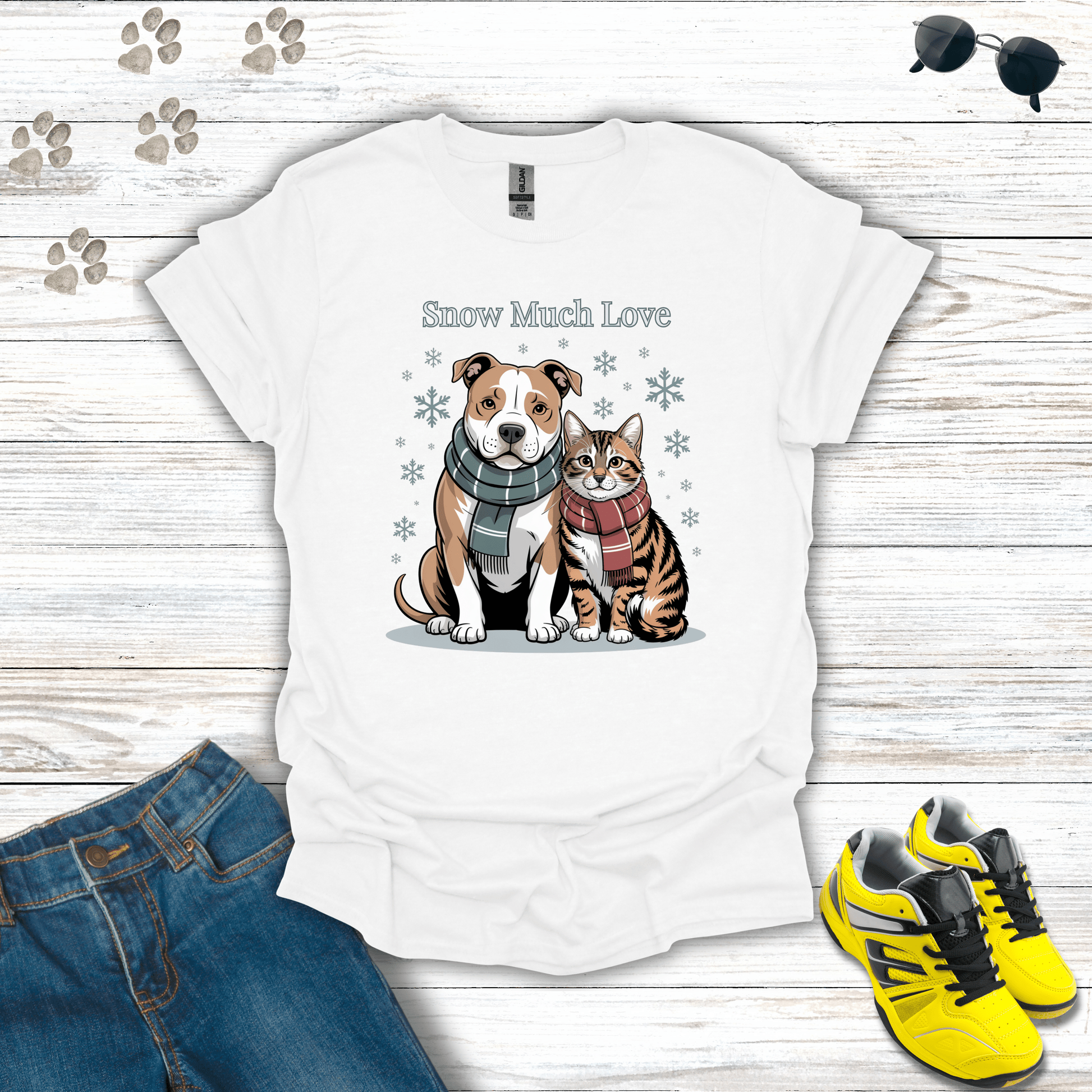 Snow Much Love Pitbull & Cat T-Shirt White / S unisex graphic t-shirt