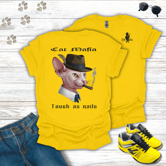 Sphynx Cat Mafia T-shirt in Daisy — bold hairless cat mafia design