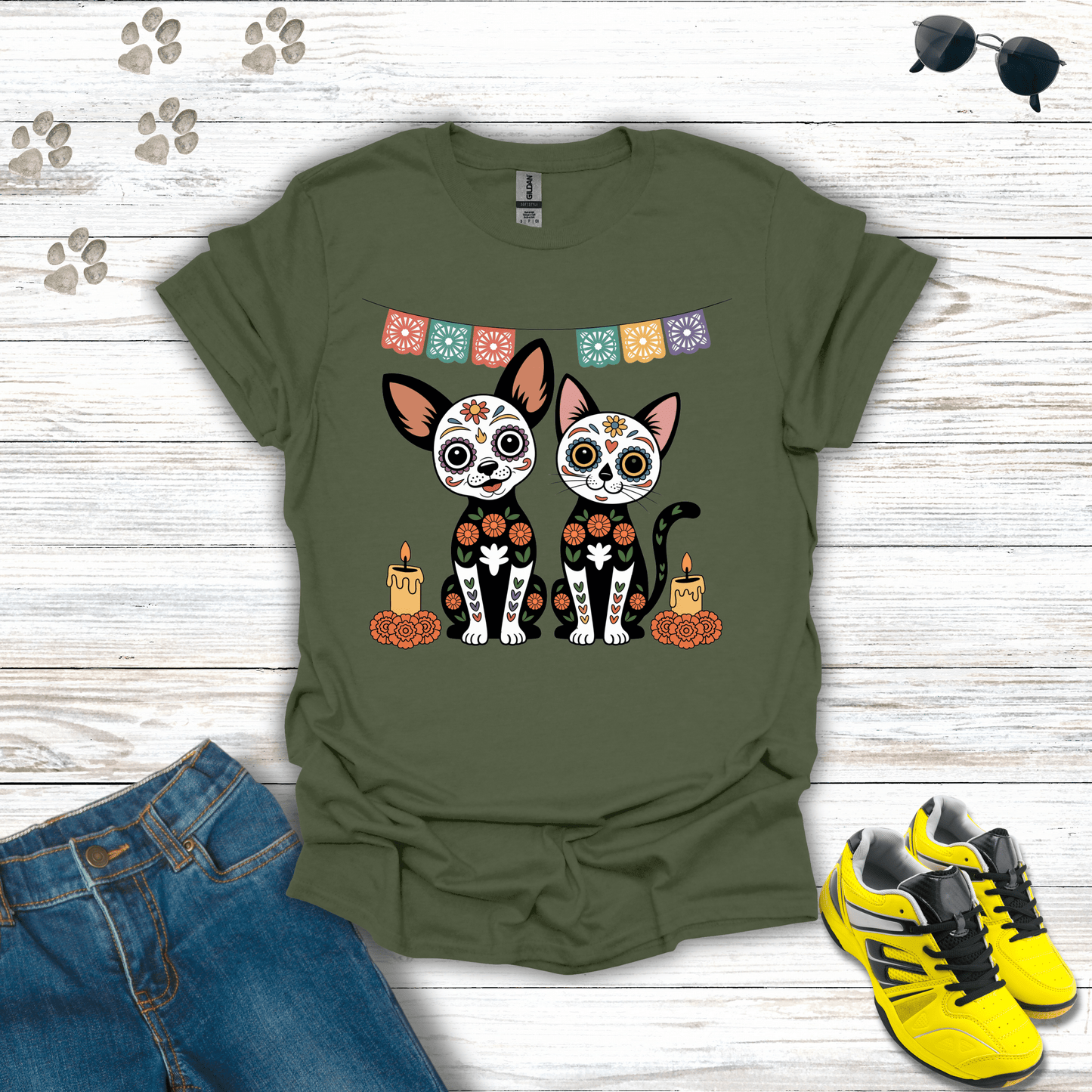Sugar Skull Chihuahua & Cat Ofrenda T-Shirt Military Green / S unisex graphic t-shirt