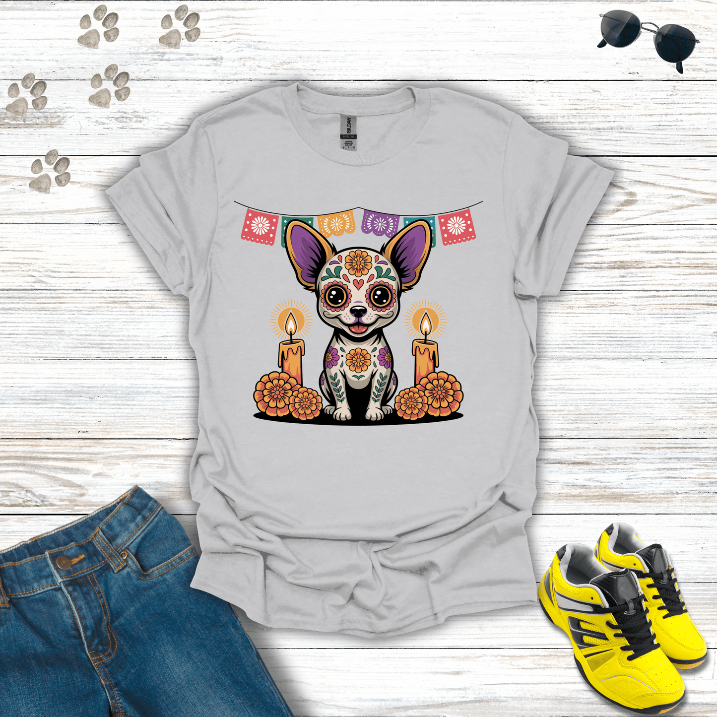 Sugar Skull Chihuahua Ofrenda T-Shirt Ice Grey / S unisex graphic t-shirt