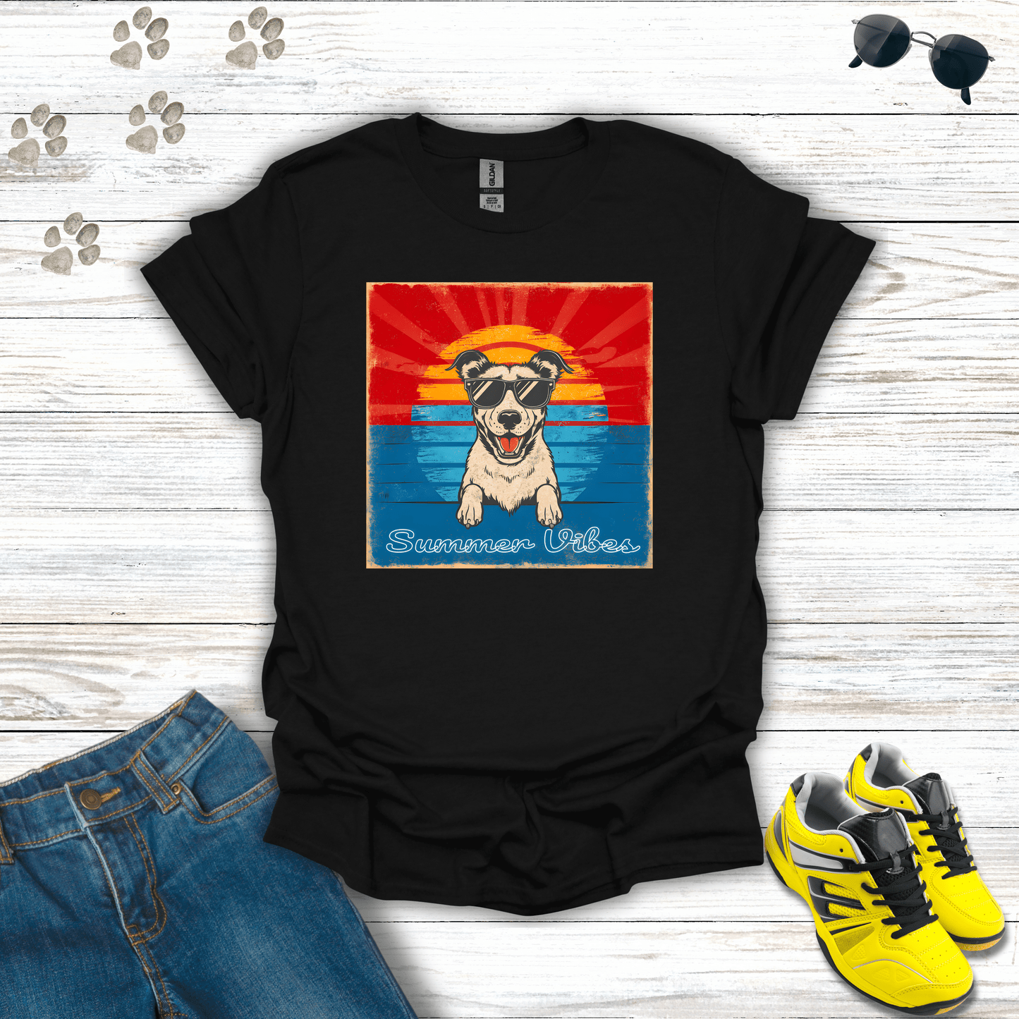 Summer Vibes Dog T-Shirt in Black — dog wearing sunglasses under vintage sunset design