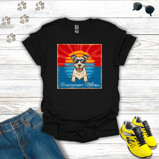 Summer Vibes Dog T-Shirt in Black — dog wearing sunglasses under vintage sunset design