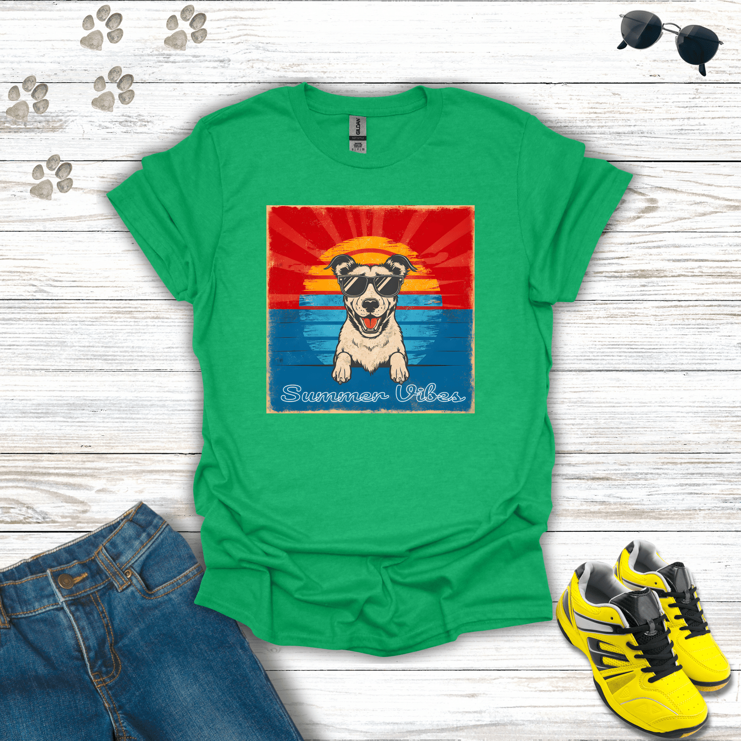 Summer Vibes Dog T-Shirt in Heather Irish Green — summer dog lover T-shirt